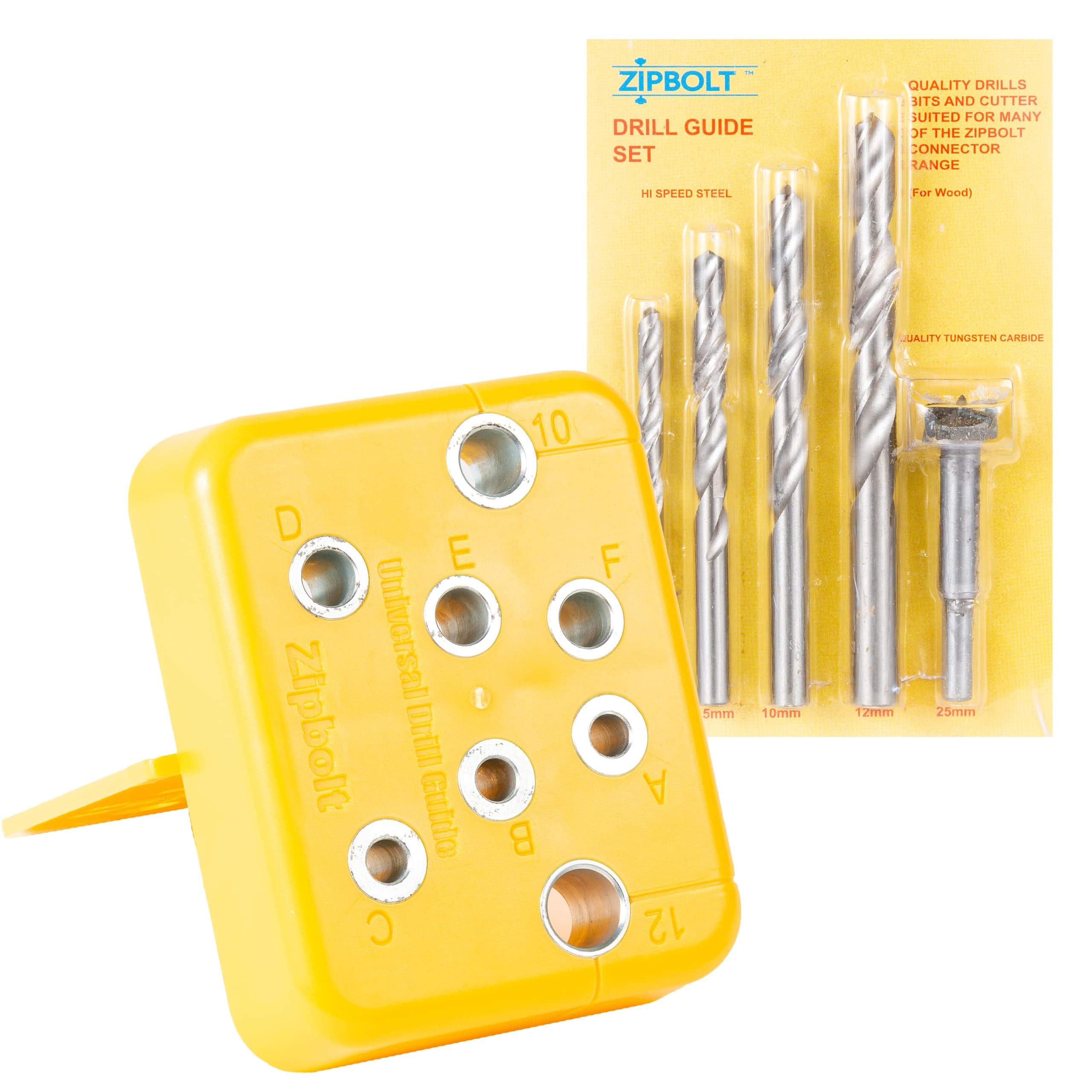 Zipbolt 40.280 Universal Drill Guide Handrail Railbolt Installation Jig with HSS 6.5mm, 8.5mm, 10mm, 12mm, Drill Bits and a 25mm Carbide-Tipped HSS Forstner Bit