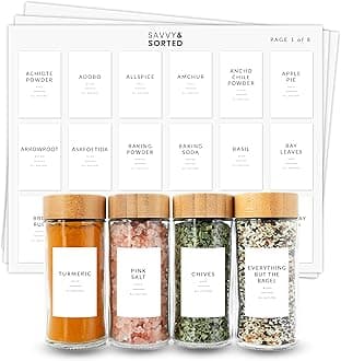 146 Minimalist Spice Jar Labels - Preprinted Spice Stickers - Black Text on White Waterproof Label - Fits Round Bamboo Jars or Rectangular Spice Jars - Herb Seasoning Kitchen Pantry Labels Stickers