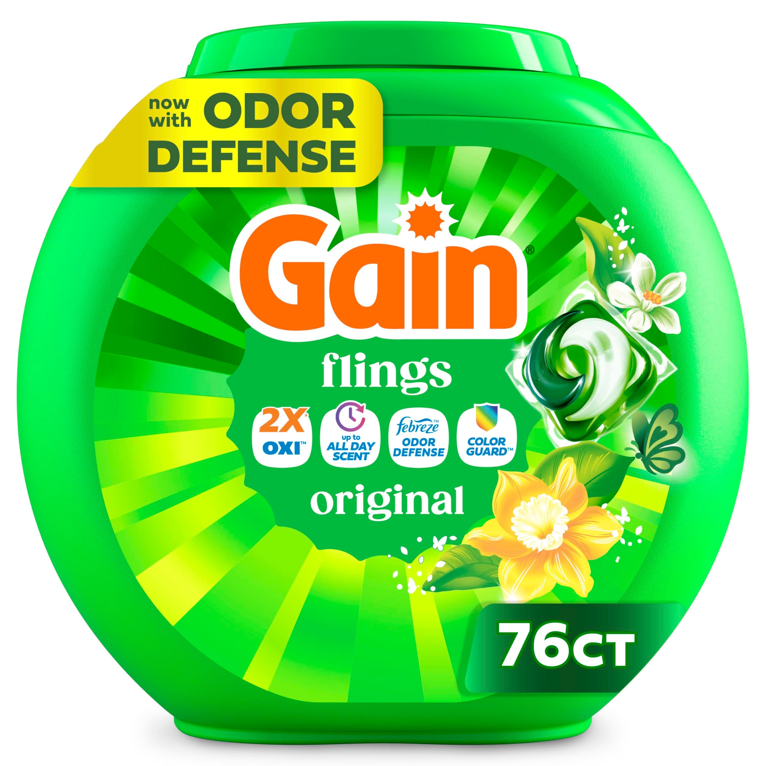 Gain flings Laundry Detergent Soap Pacs HE Compatible Long Lasting Scent, Original Scent, 76 Count