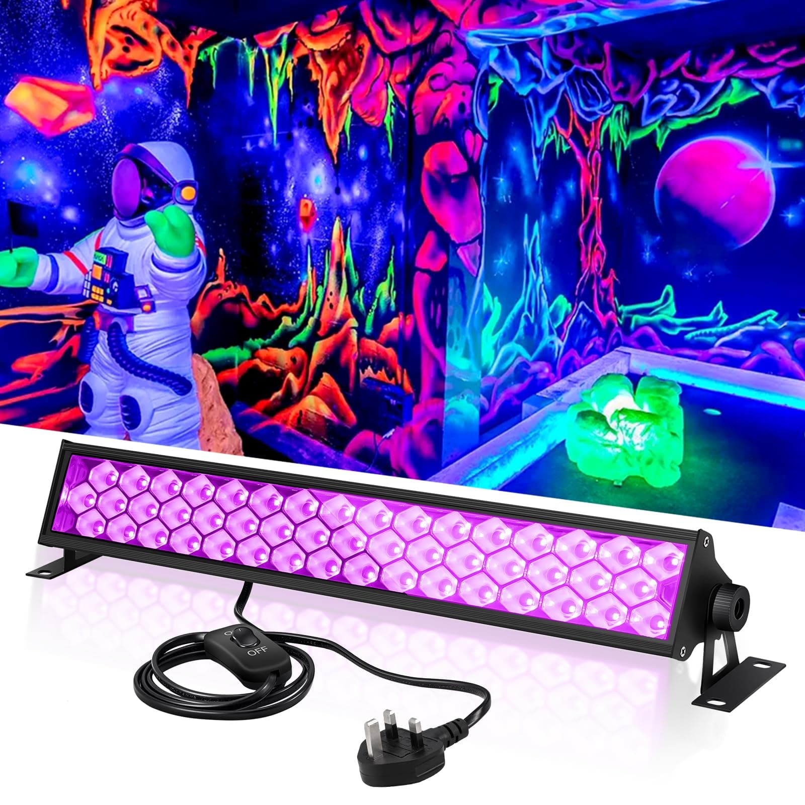 72W UV Black Light Bar, 48 LED USB Blacklight with Fluorescent Tapes, 4.5ft Adjustable Black Light Bar for Fluorescent Poster Glow Party Body Paint, Halloween Decorations, Cabinet
