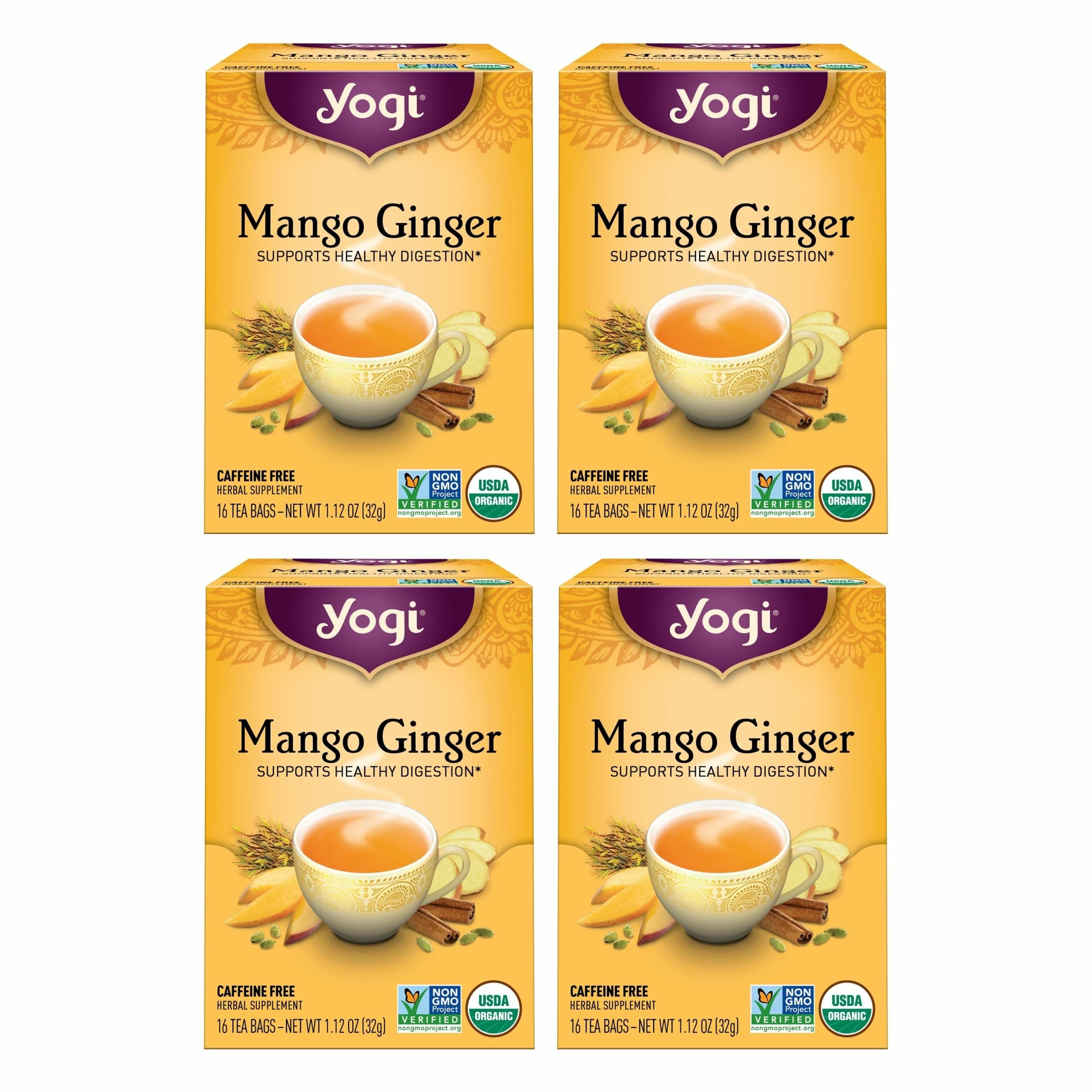 Tea Mango Ginger - 16 Bags per Pack (4 Packs) - Organic Ginger Root Tea to Support Healthy Digestion - Contains Antioxidants - Includes Cinnamon Bark, Rooibos Leaf, Mango Flavor & More