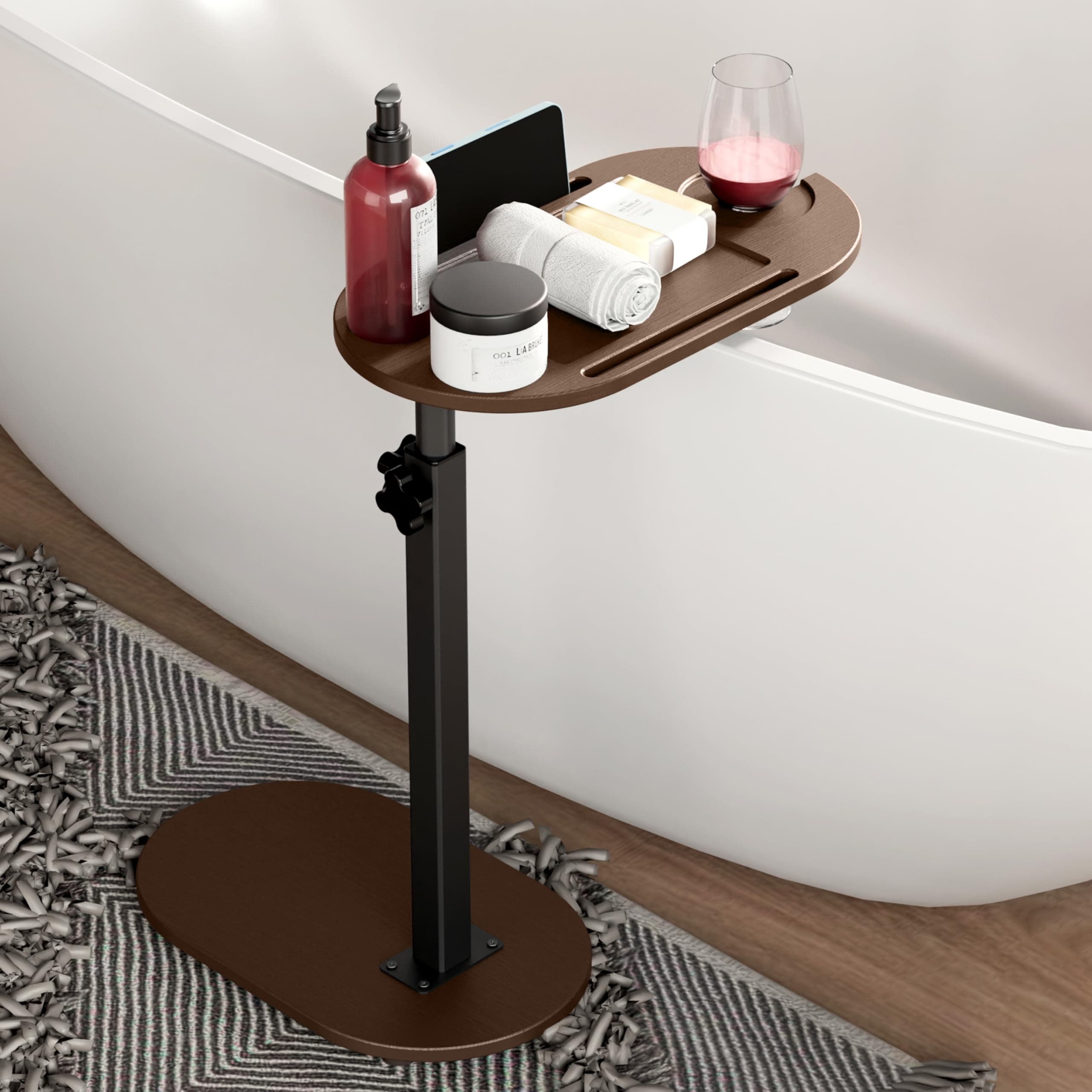 Yumkfoi Bamboo Bathtub Tray Table with Adjustable Height, Freestanding Bath Caddy Side Table for Tub Against Wall, Tub Shelf with Wine Glass Phone Holder, Functional Tray - Patent Protected (Brown)