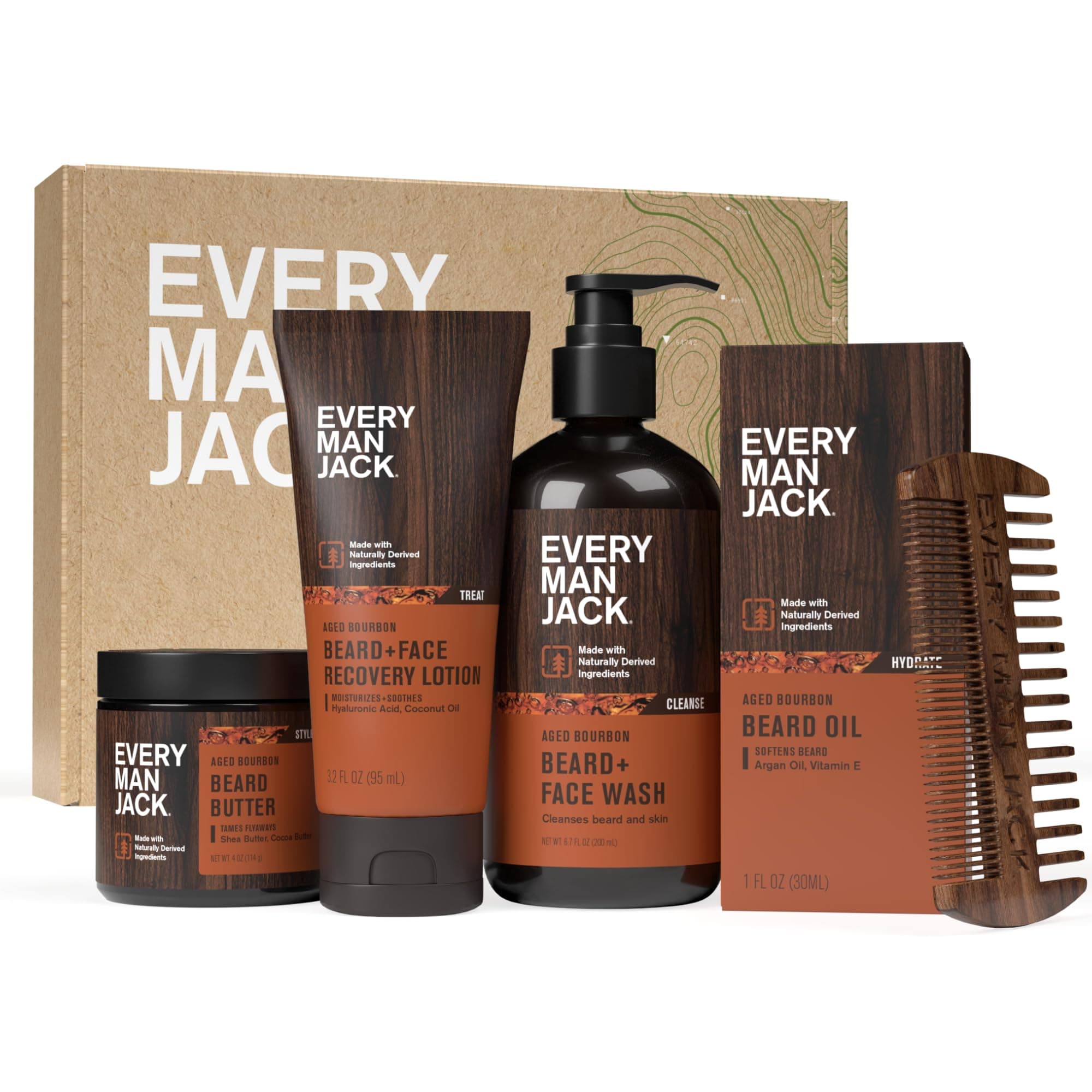 Every Man Jack Beard Essentials Gift Set for Men – Complete Routine with 5 Full-Size Essentials – Aged Bourbon Scent - Beard & Face Wash, Lotion, Oil, Butter & Comb