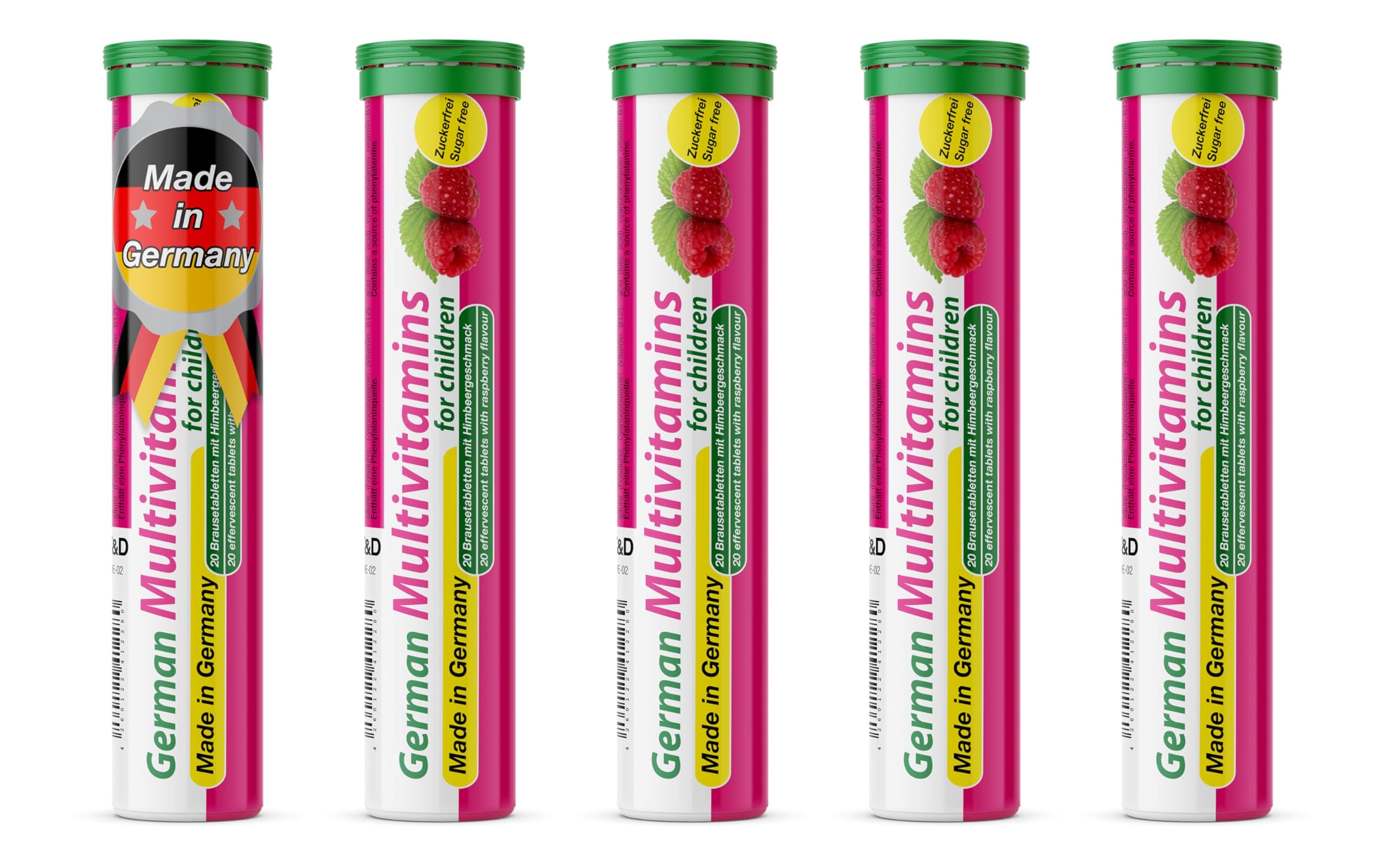 Multivitamin for Children - 5 x 20 effervescent Tablets - Raspberry Flavor - T&D Pharma German Multivitamin for Children - Made in Germany