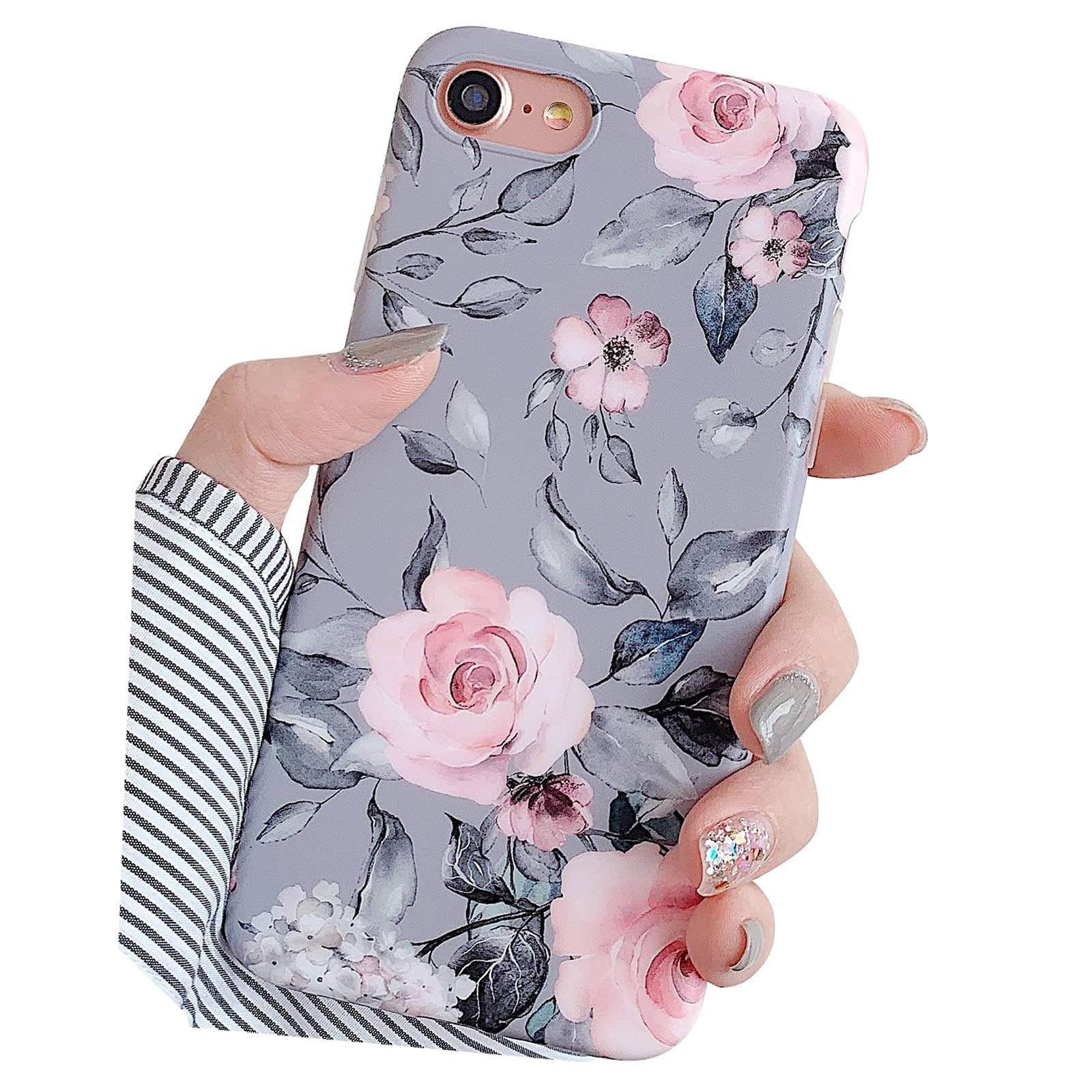 YeLoveHaw for iPhone SE 2020 Case, iPhone 8 Case, iPhone 7 Case for Girls, Flexible Soft Slim Fit, Floral and Purple Gray Leaves Pattern Cute Phone Case for iPhone8 / iPhone7 / iPhoneSE (Pink Flowers)