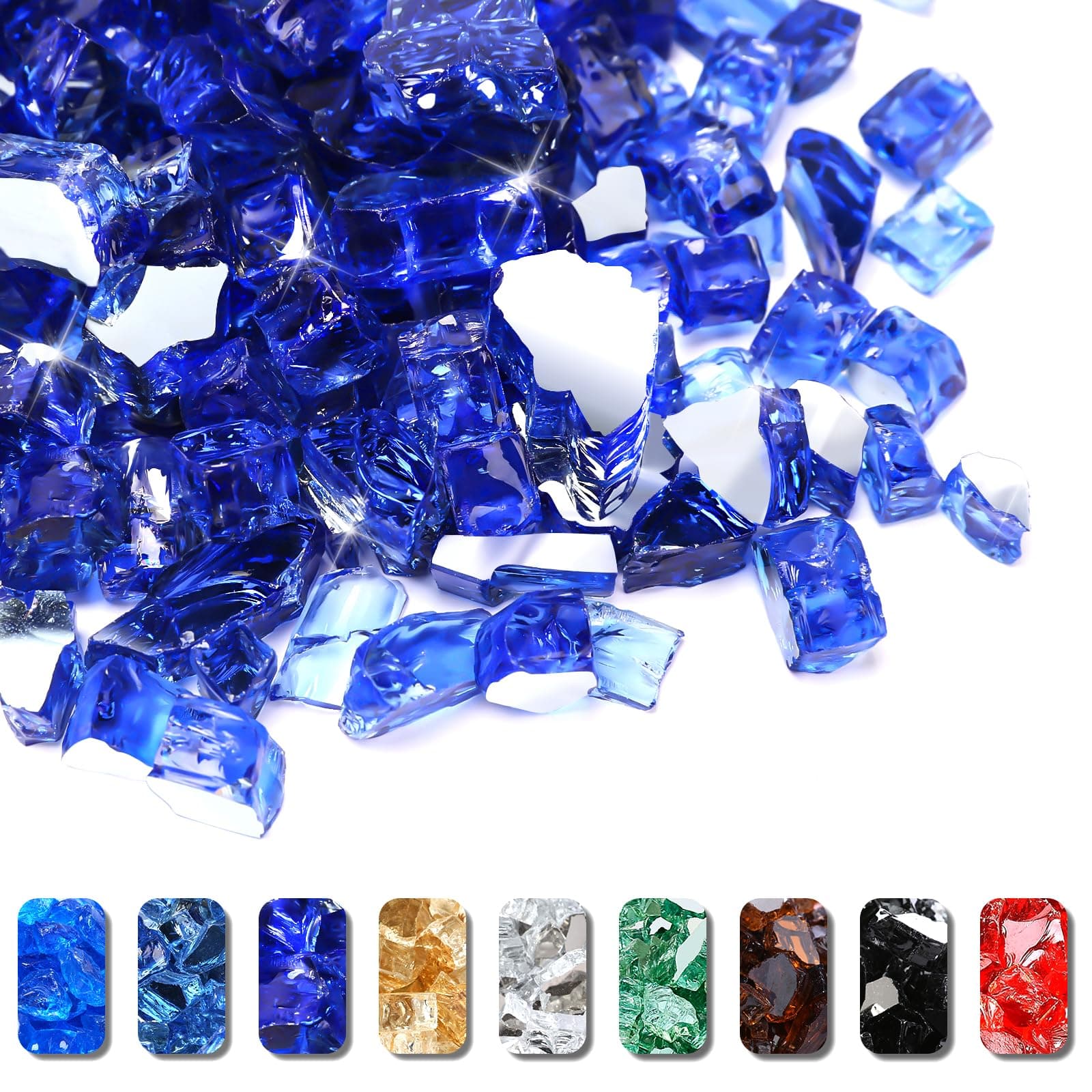 Grisun Cobalt Blue Fire Glass for Fire Pit, 1/2 Inch High Luster Reflective Tempered Glass Rocks for Natural or Propane Fireplace, Safe for Outdoors and Indoors Firepit Glass, 10 Pounds