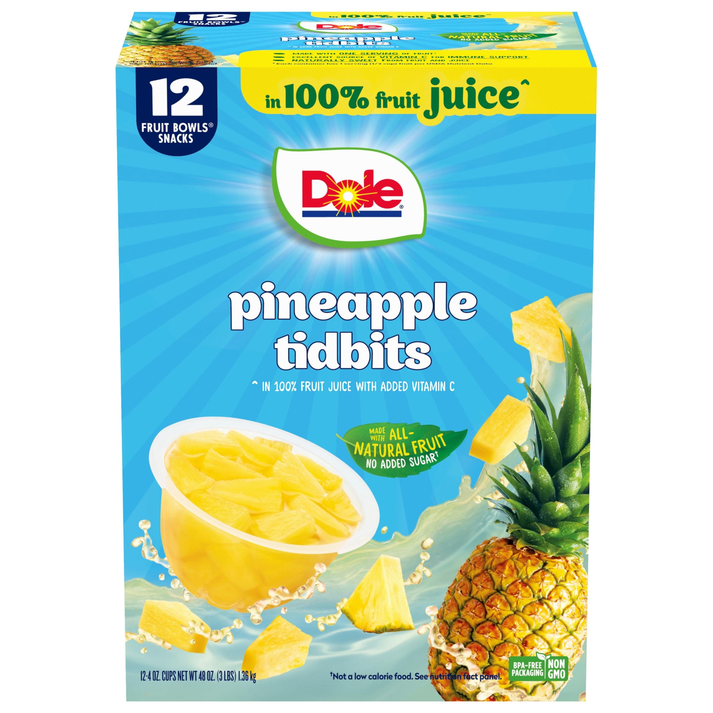 Pineapple Tidbits in 100% Juice - Dole Fruit Bowls Snacks - 4 oz Fruit Bowls - 12 Pack