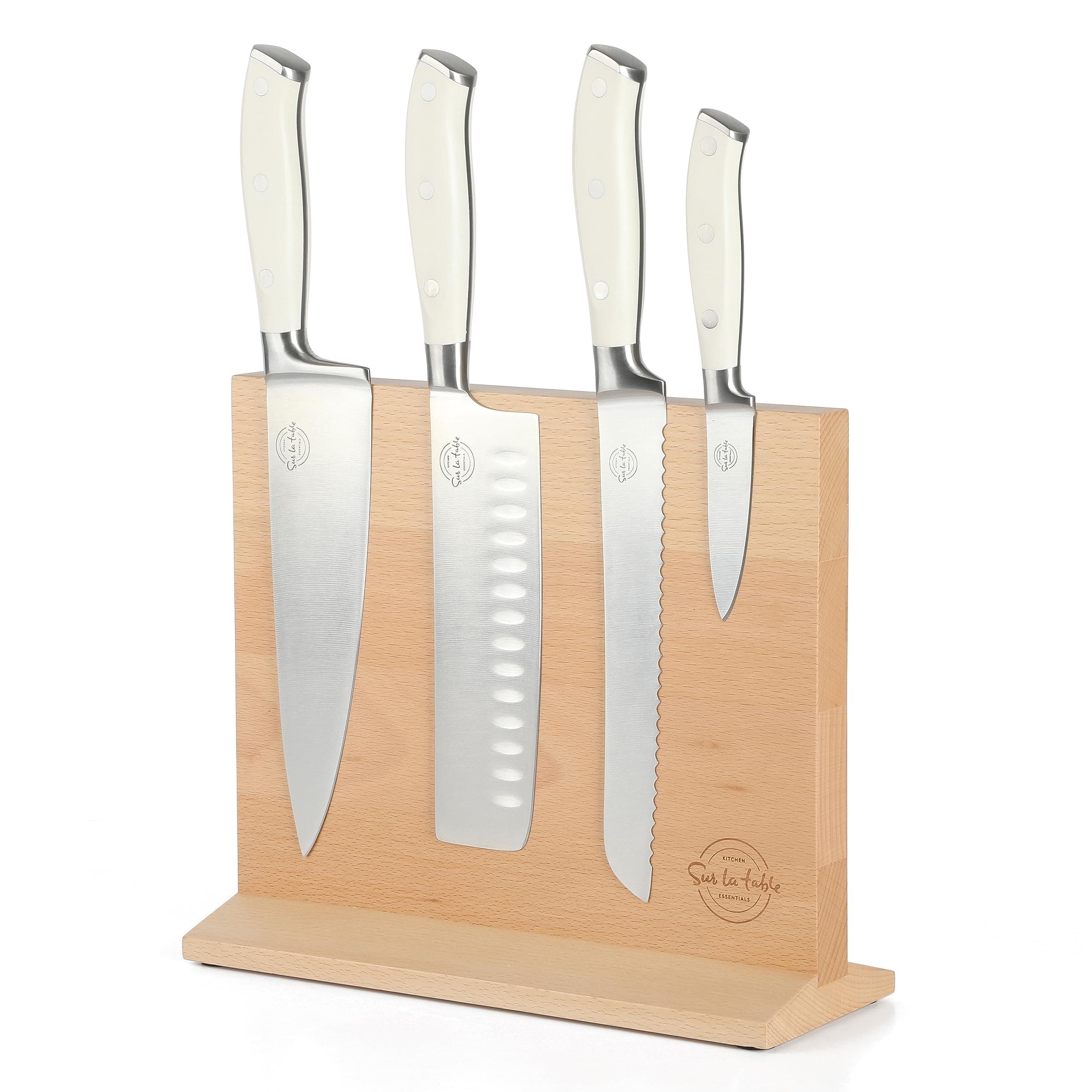 - Sur La Table Kitchen Essentials 5 Piece German Steel Blade w/Triple Riveted Handle Set on Beechwood Magentic Block - Linen White