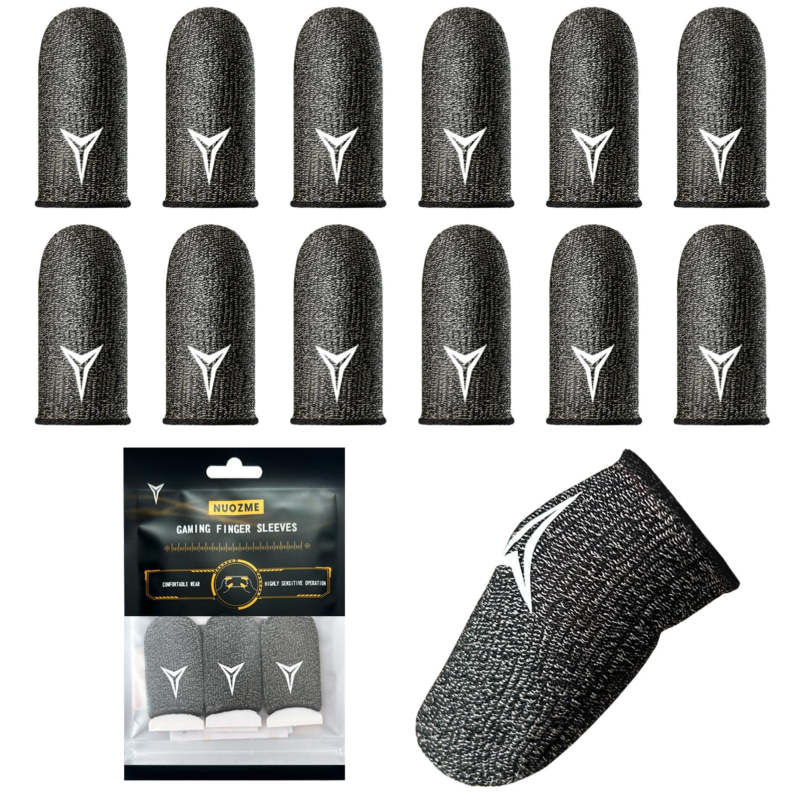 12 Pack Gaming Finger Sleeves for Mobile Gaming, 0.3mm Silver Fiber, Smooth Operation, Anti-Sweat, Extremely Thin, Finger Sleeves Fit Mobile Phone Tablet Devices(Black)