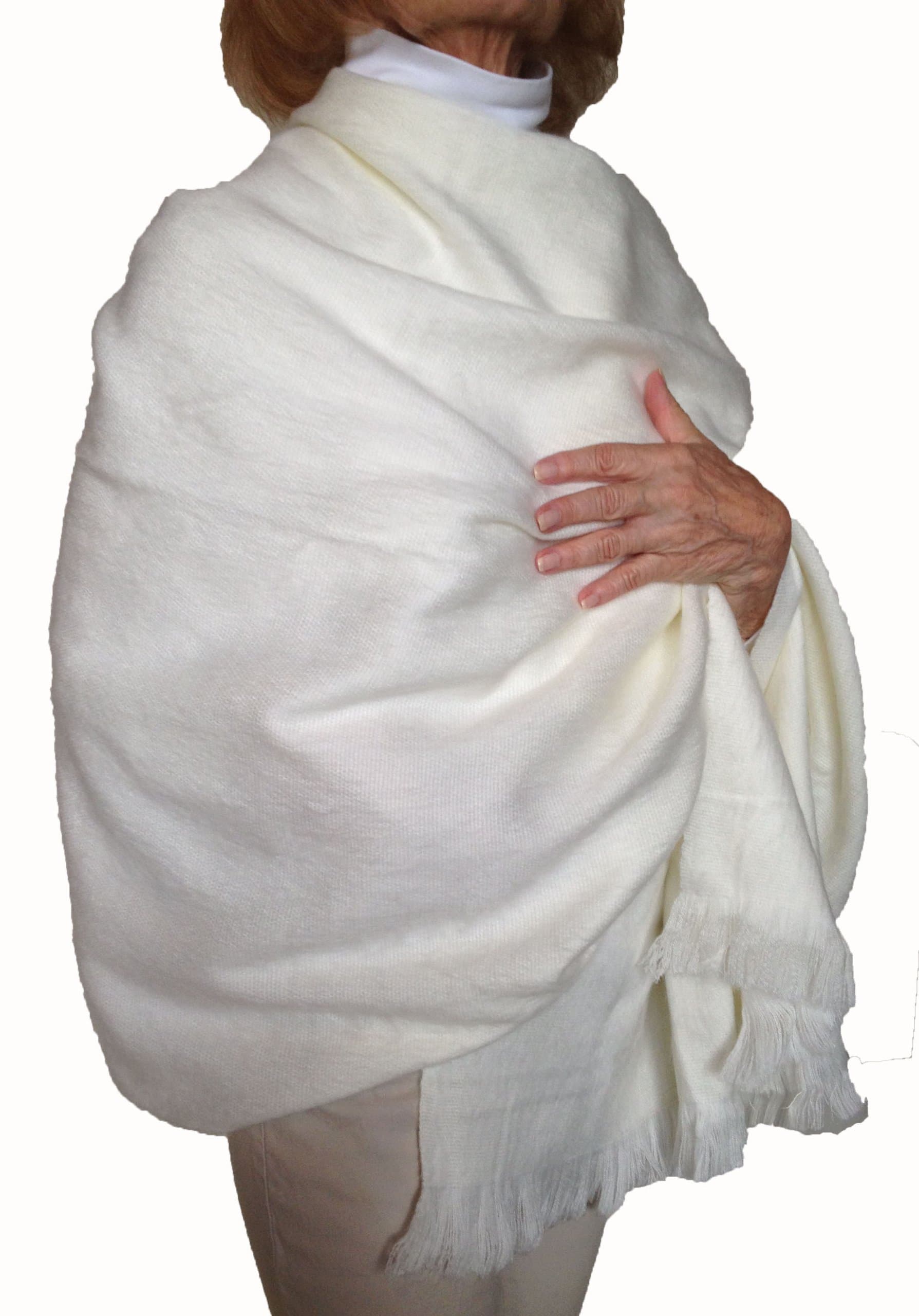 Super Soft Baby Alpaca Wool Reversible Shawl Wrap Cape Solid Cream Color