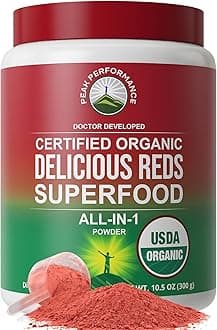 Peak Performance Organic Reds Superfood Powder, Best Tasting Red Juice Super Food w/ 25+ All Natural Ingredients & Polyphenols, Vital for Max Energy and Detox - Raspberry, Elderberry, Beetroot