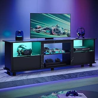 Bestier 70" Gaming Entertainment Center with Drawers, LED TV Stand for 75 Inch TV, TV Entertainment Stand for Living Room with Storage and Glass Shelves (Black Marble)