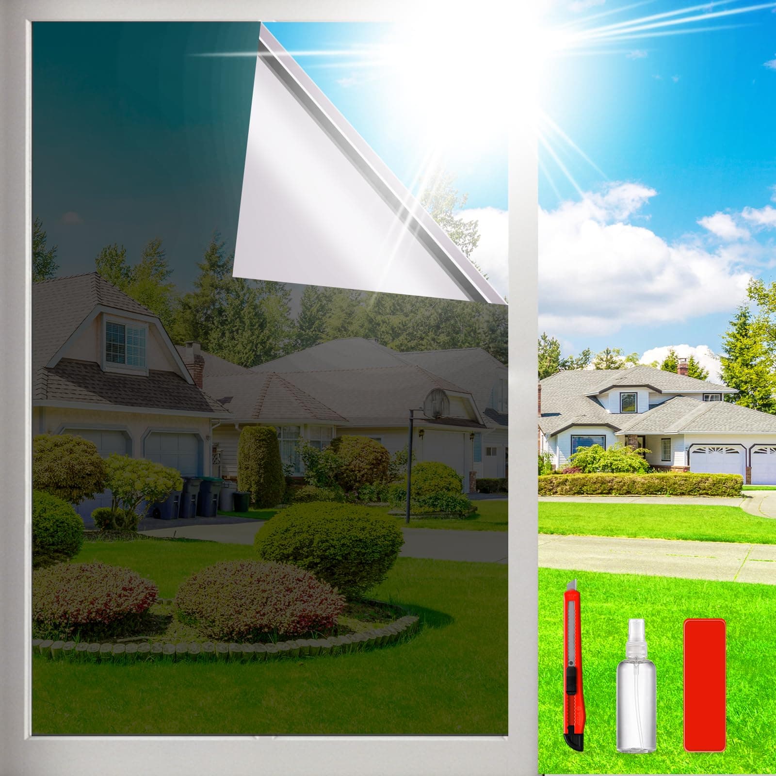 One Way Privacy Window Film Sun Blocking, Heat Blocking Window Tint for Home See Out But Not in, Static Cling & Anti UV, Black-Silver,35.4 Inch x 78.74 Inch