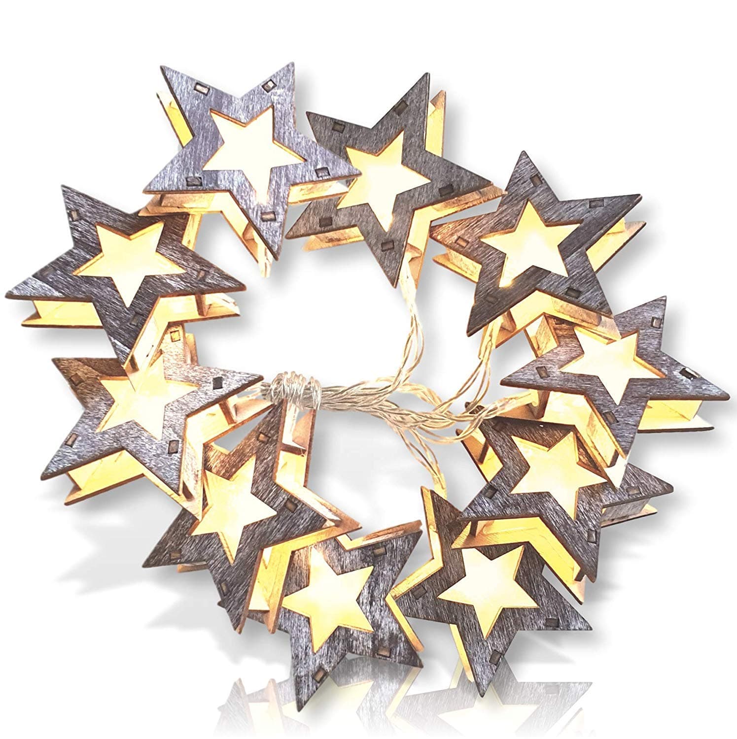 Wooden Star Lights. Rustic String Lights. Indoor Christmas Tree Decorations. Distressed Wood Star Shaped Lights Garland for Farmhouse