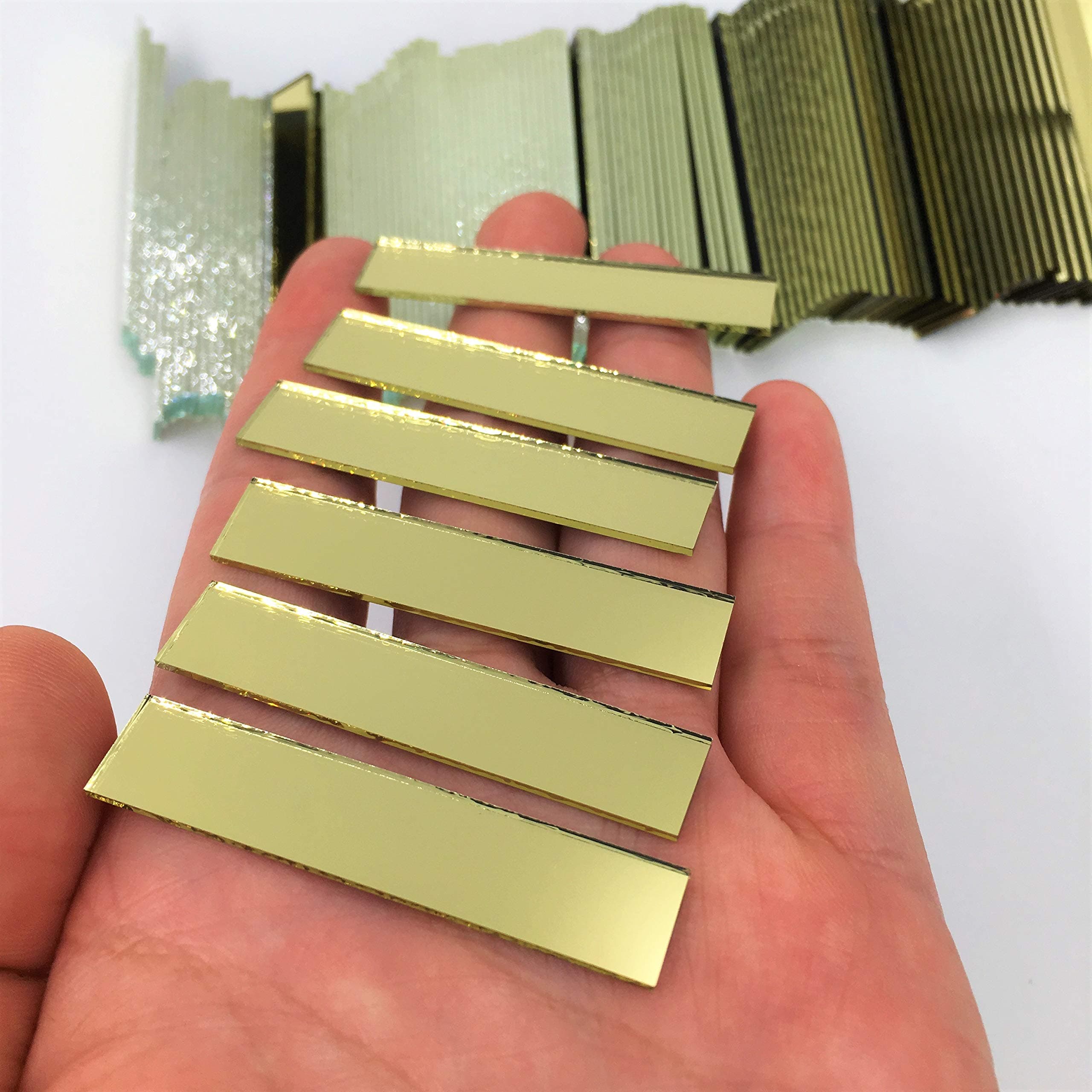 NUO RUI Rectangular 3/8" x 2" Mirror Mosaic Tiles Gold Colored Craft Mirror Pieces (Pack of 100)