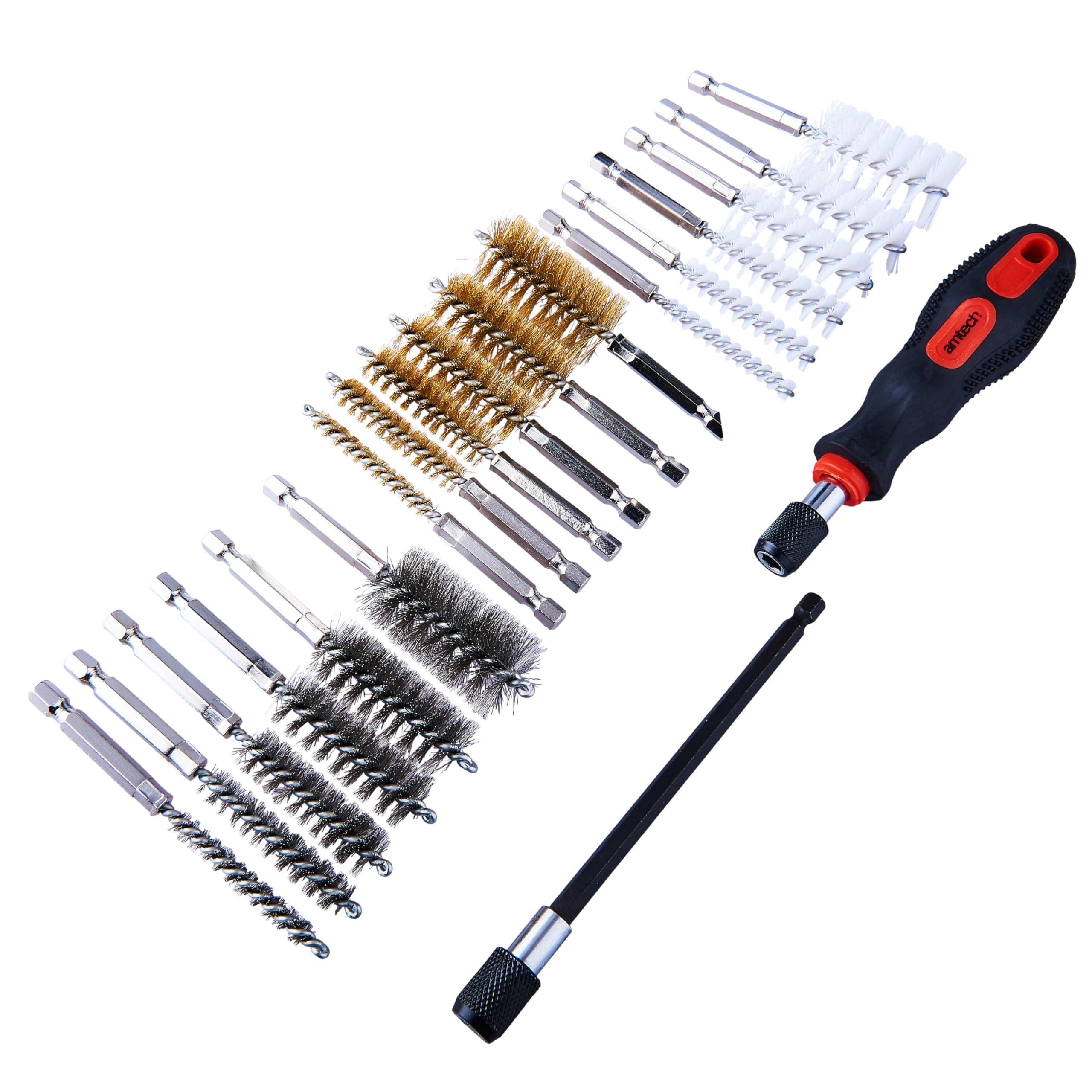 Amtech - Set of Small Wire Brushes for Cleaning, Made from Tough Steel, Glass, and Nylon, Versatile Choice of Sizes with 1/4” Hex Drive Shank, Comfortable Handle, Extended Reach (20pc)