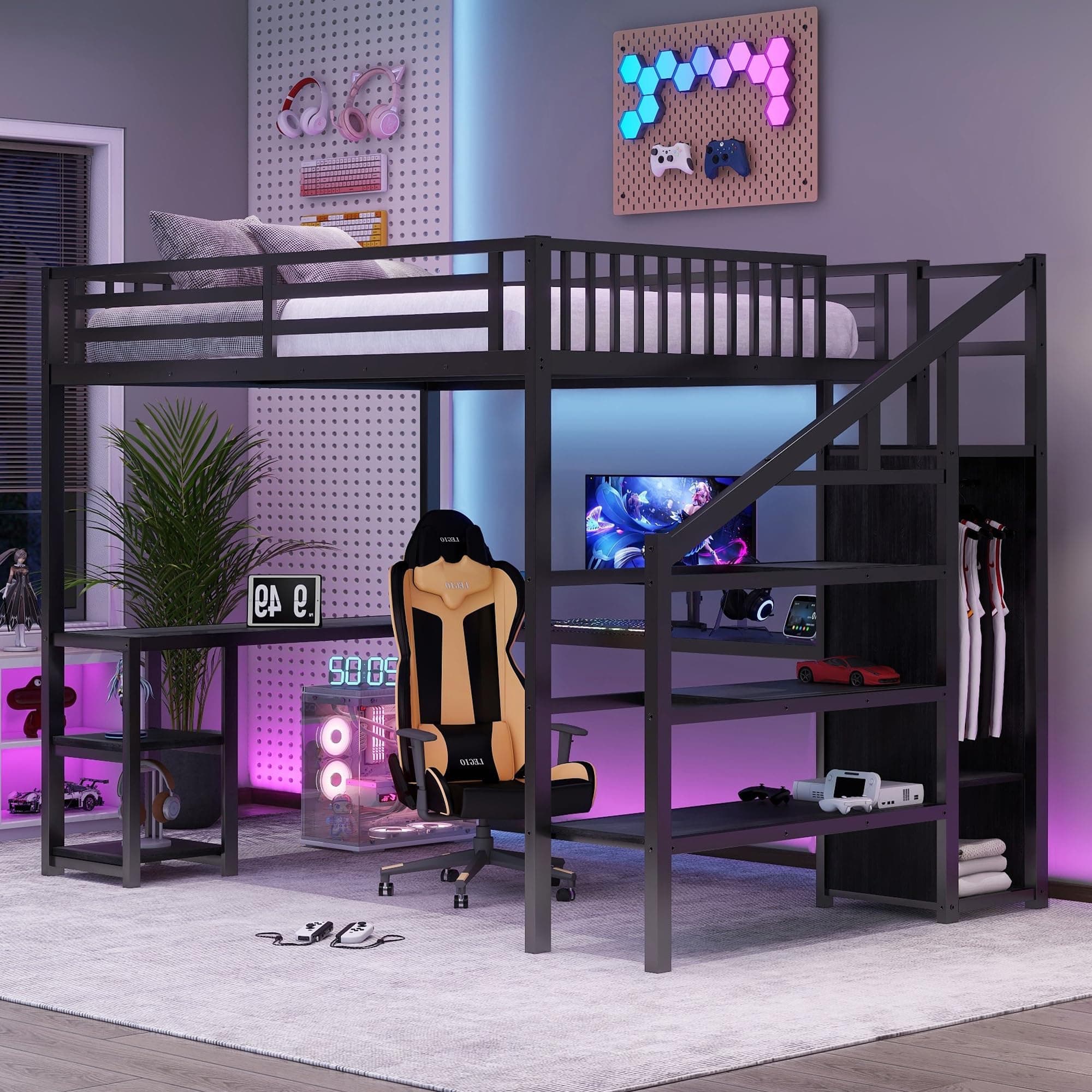 Loft Bed with Desk Queen Size, Gaming Loft Bed with LED Light for Adults, Heavy-duty Loft Beds Frame with Stairs & Wardrobe & Storage Shelves, Bunk Bed with Steps for Teens Boys Girls Room Dorm, Black