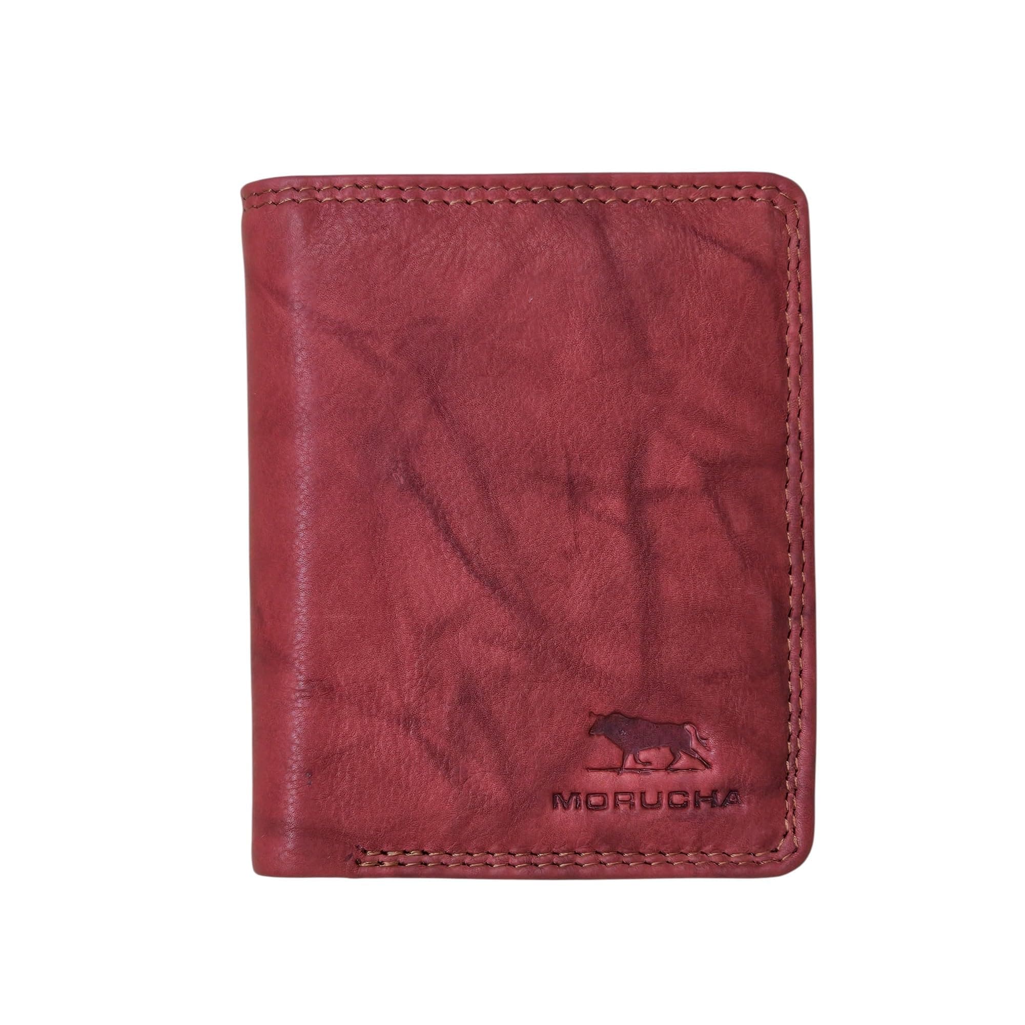 Slim Minimalist Leather Wallet for Men – Bifold RFID Blocking Wallet with Zip Pocket & ID Window – Compact Gift Boxed Wallet #M45 (Antique Red)