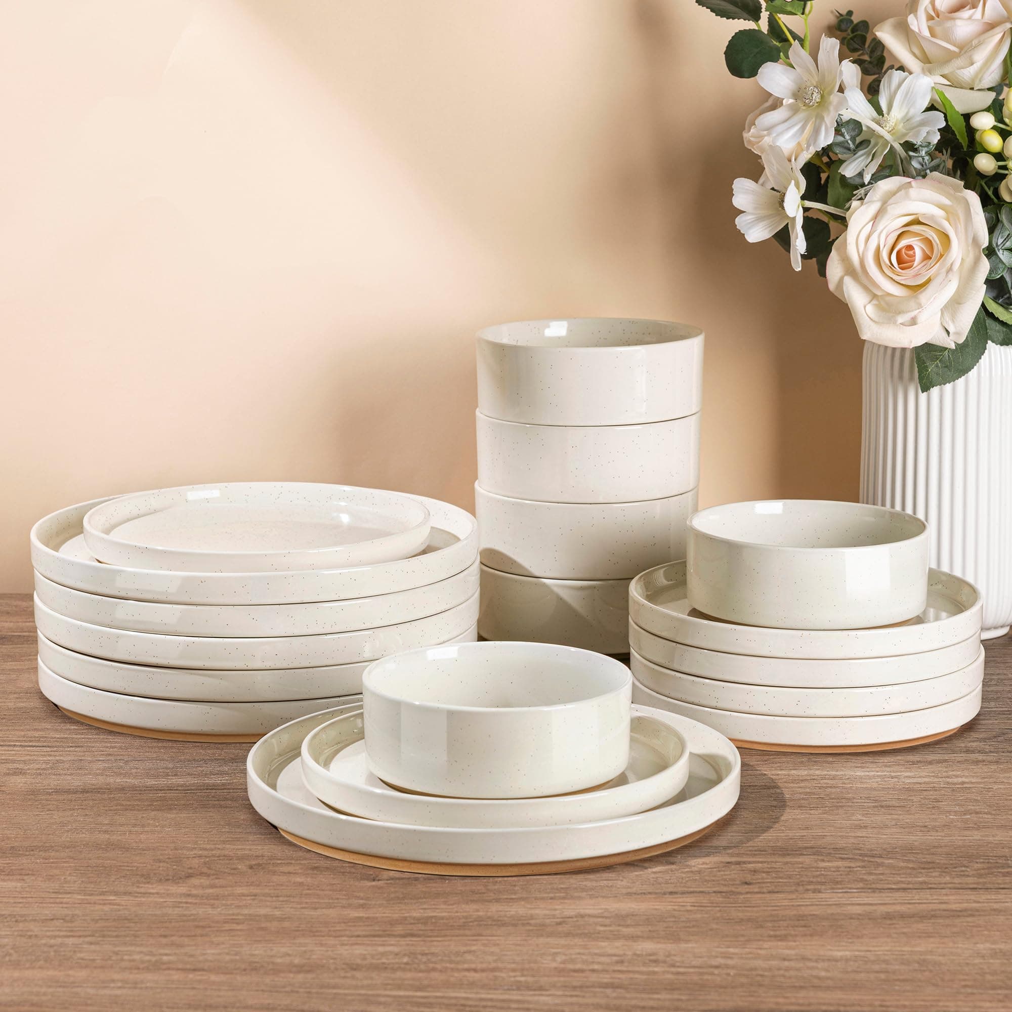 AmorArc Ceramic Dinnerware Set for 6 | Speckled Stoneware Plates and Bowls with Rustic Terracotta Underside| Scratch Resistant,Dishwasher & Microwave Safe Dishes Sets- 18pcs
