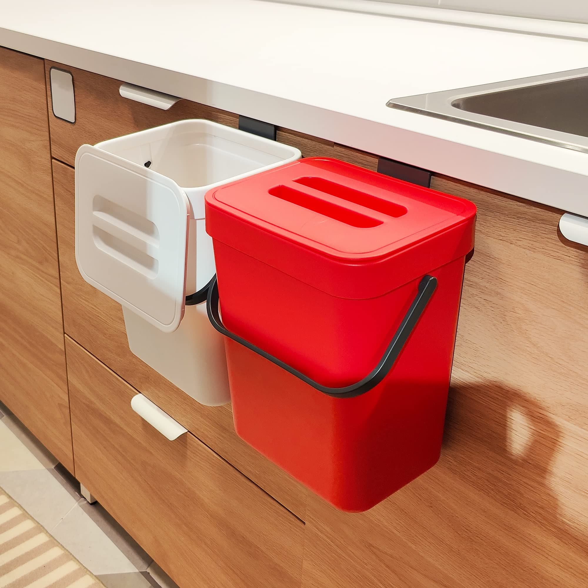 stonespace Countertop Compost Bin with Lid, Hanging Small Trash Can with Lid Under Sink,1.3 Gallon Mountable Compost Bucket, Red