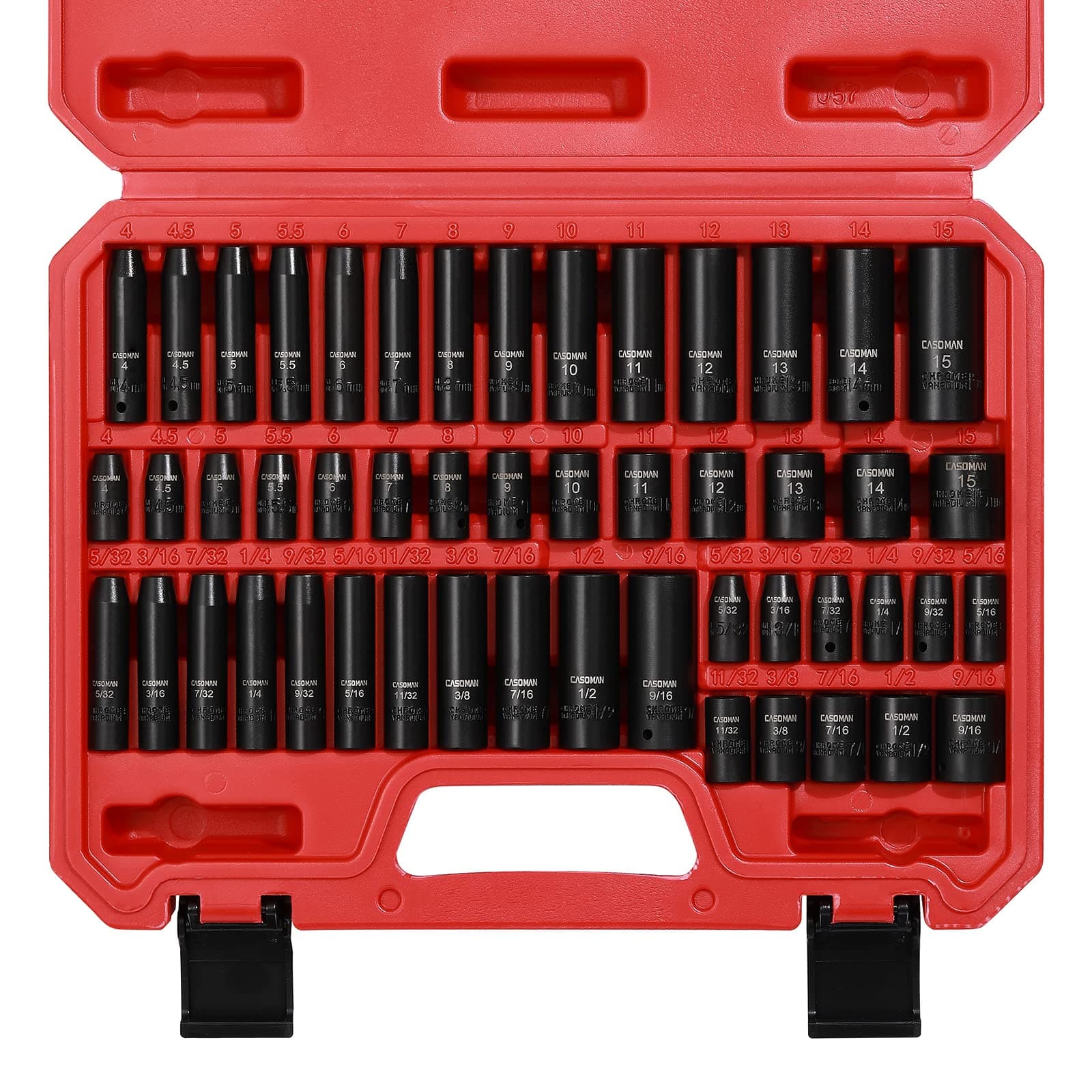 CASOMAN 1/4 Inch Drive Master Impact Socket Set, 50-Piece, SAE/Metric, 5/32 Inch - 9/16 Inch, 4mm - 15mm, Standard/Deep,CR-V