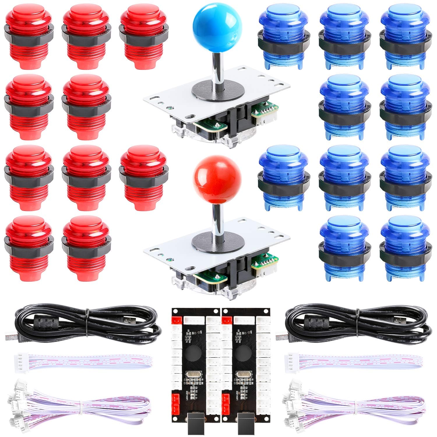 Hikig New Updated Version 2-Player DIY Kit - 2X Zero Delay LED USB Encoder + 2X Arcade Joystick + 20 LED Arcade Buttons for MAME, PC, Windows, Raspberry Pi, Arcade1Up (Red & Blue Kit)