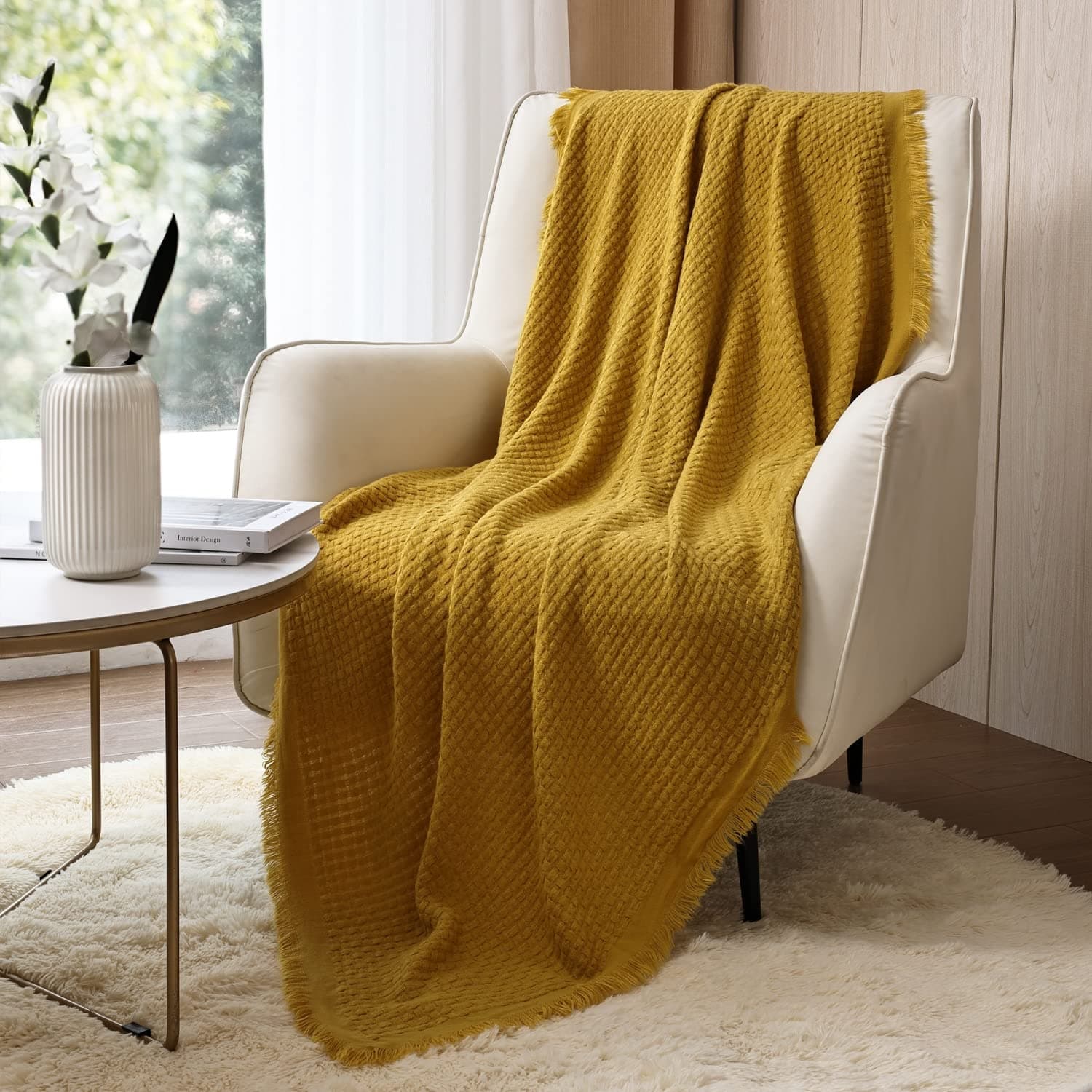 CREVENT Soft Lightweight Boho Crochet Decorative Spring Throw Blanket for Couch Sofa Chair Bed Home Decoration (50''X60'' Mustard / Yellow)