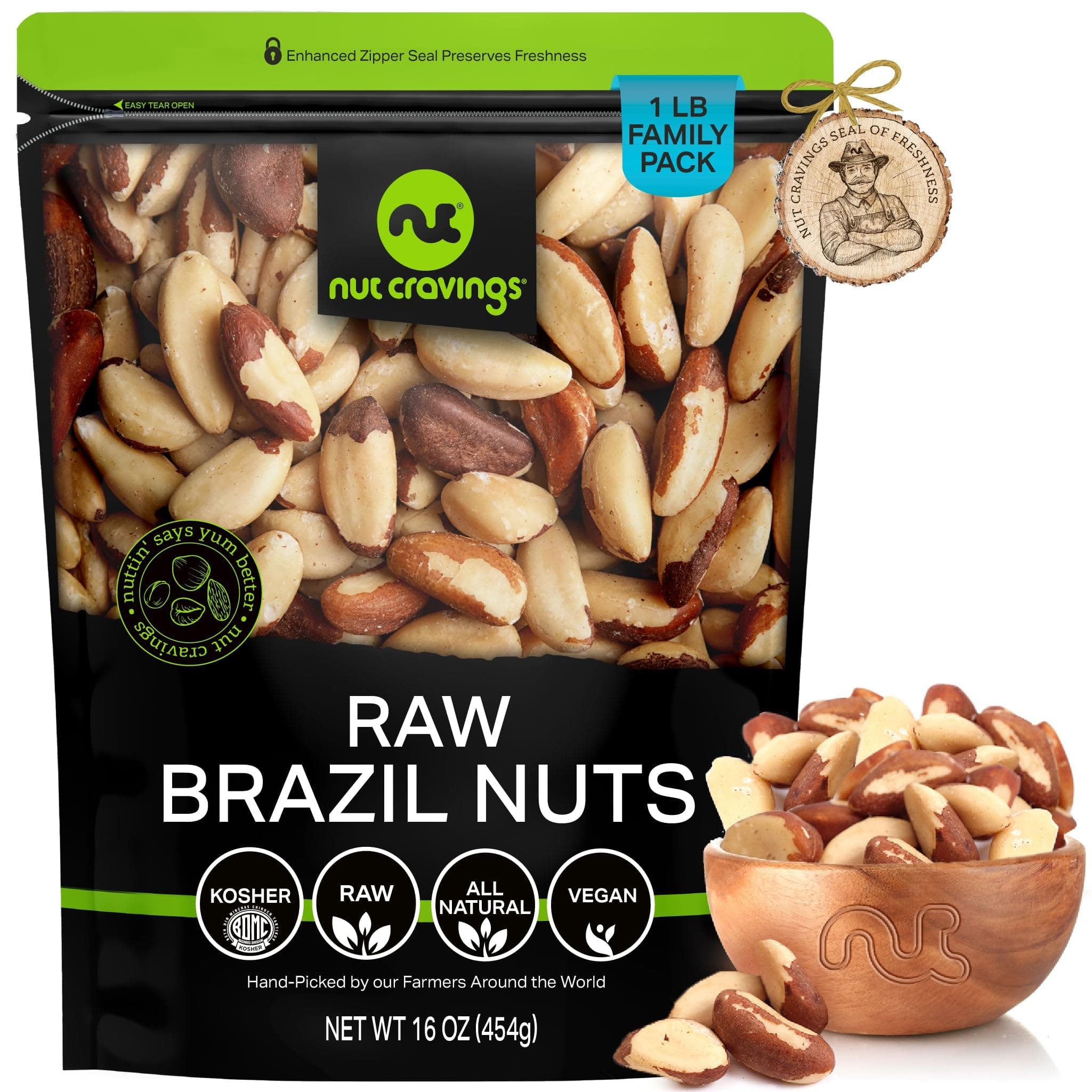 Raw Brazil Nuts, Unsalted, No Shell, Whole, (16oz - 1 LB) Bulk Nuts Packed Fresh in Resealable Bag - Kosher Healthy Snack, Natural Keto Vegan