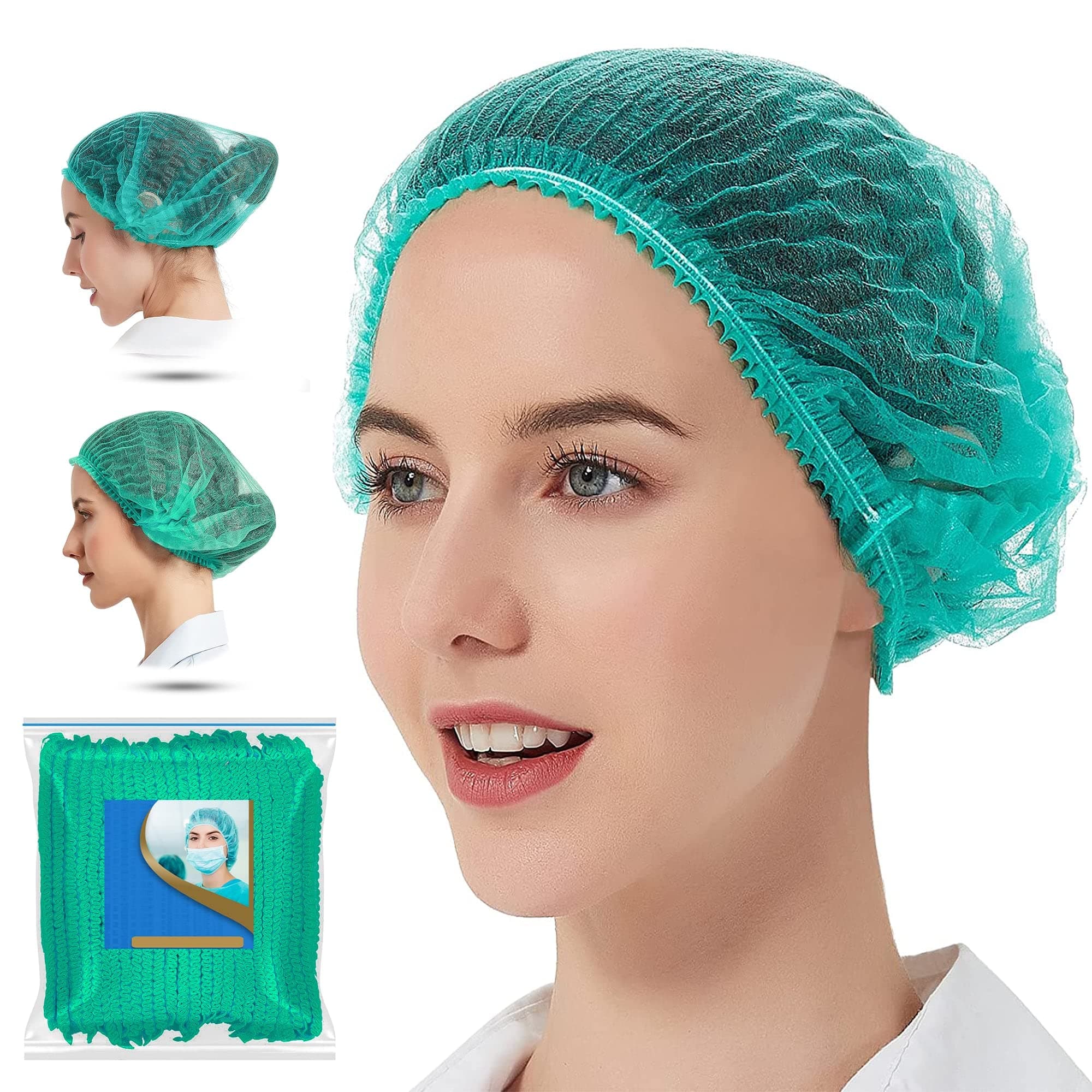 Drive Pro Disposable Hair Net Pack 100 Elastic Cooking Mob Caps Hairnets Kitchen Wear Salon Beauty Supplies Nurse hat, Dust-free Covers Headwear Nets For Catering Mop Head Surgical Cap (Green)