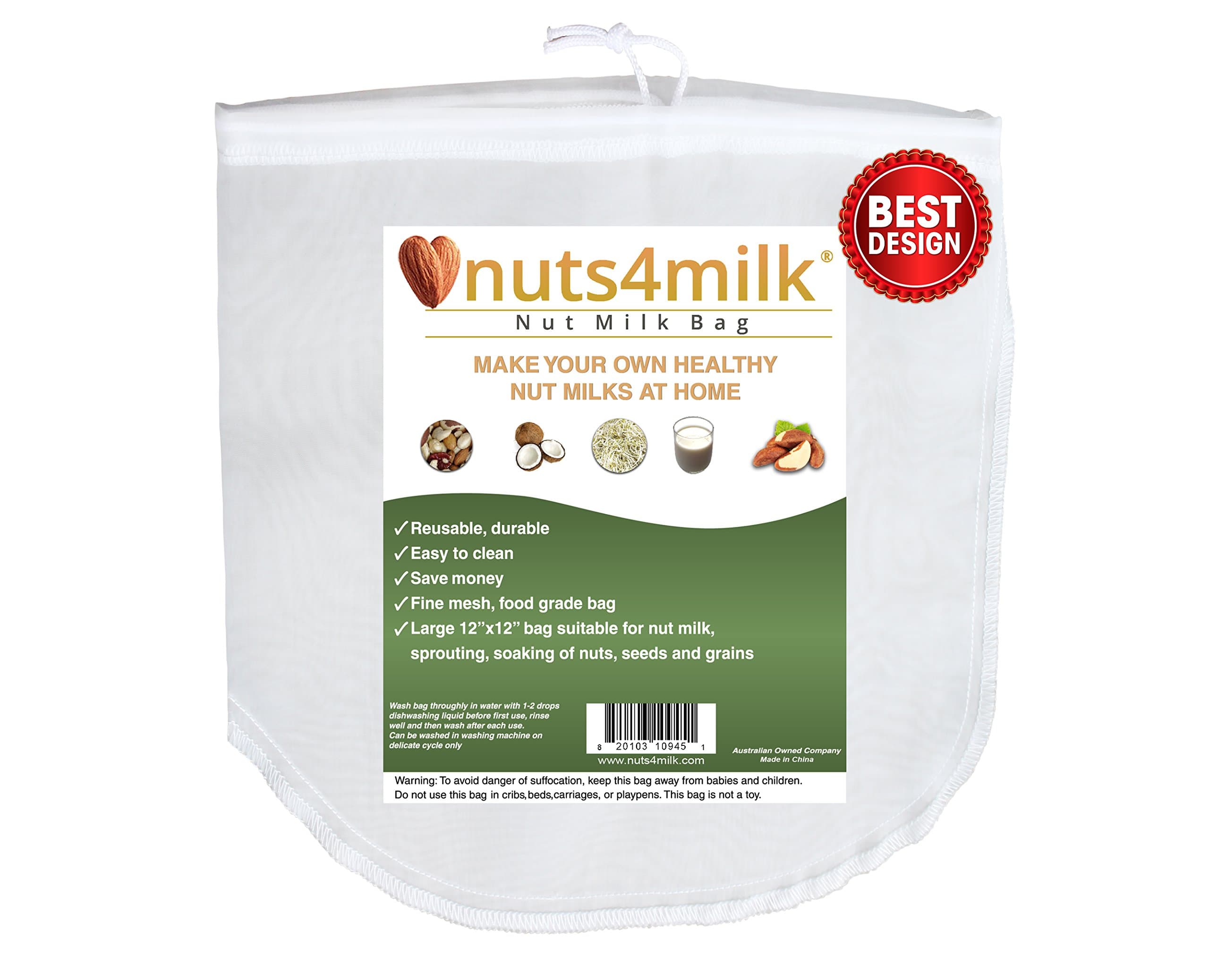 Nut Milk Bag – Extra Large 12” X 12” Bag – Make Your Own Vegan Milk Including Soy, Rice, Cashew, Hazelnut, Nut Milk – Best Reusable Nut Milk Bag - U Shape for Faster Draining – Includes Free Ebook of Healthy Recipes and 100% Satisfaction Guarantee
