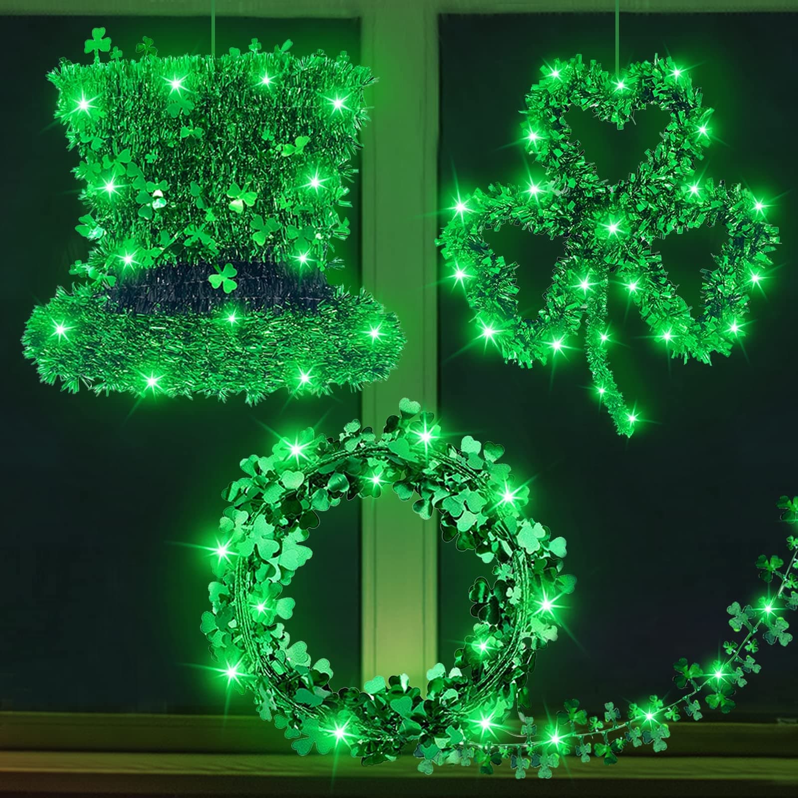 St.Patrick's Day Decorations Lights Prelit 3Pack Tinsel Shamrocks St.Patrick's Day Wreath String Lights 20 Led Battery Operated Leprechaun Hat Wire Garland Irish St.Patrick Decor Indoor Home Outdoor