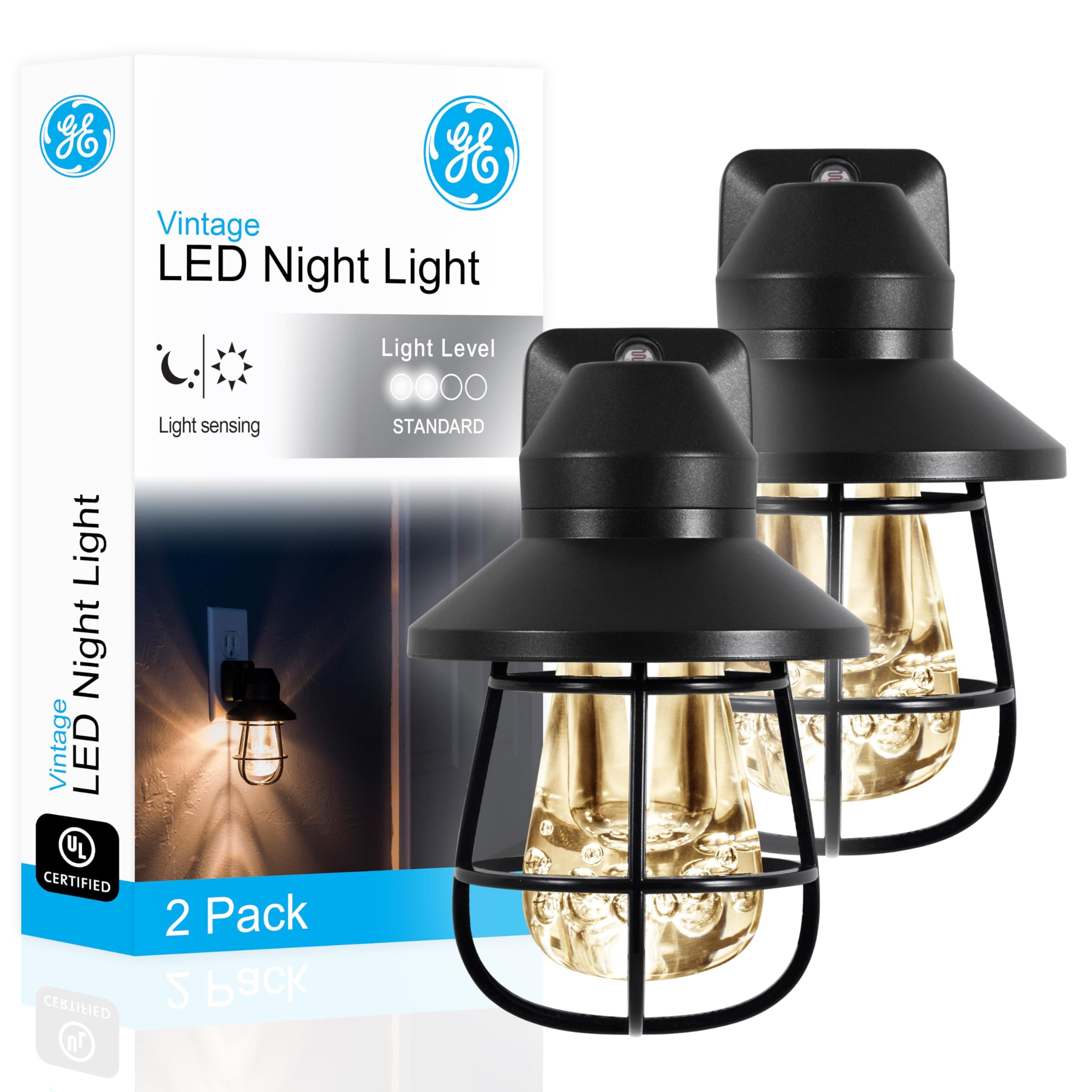 GE Vintage LED Night Light, 2 Pack, Plug-in, Dusk-to-Dawn, Farmhouse Décor, Rustic, UL Listed, , Ideal for Bedroom, Nursery, Kitchen, Bathroom, Black Cage, 44737