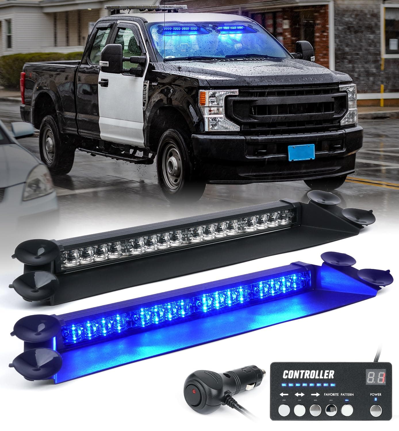 LUMENIX LED Emergency Dash Strobe Lights Bar w/Controller Windshield Visor Safety Warning Traffic Caution Lightbar Deck Split Flashing Light for Volunteer Firefighter Police Vehicles Trucks - Blue