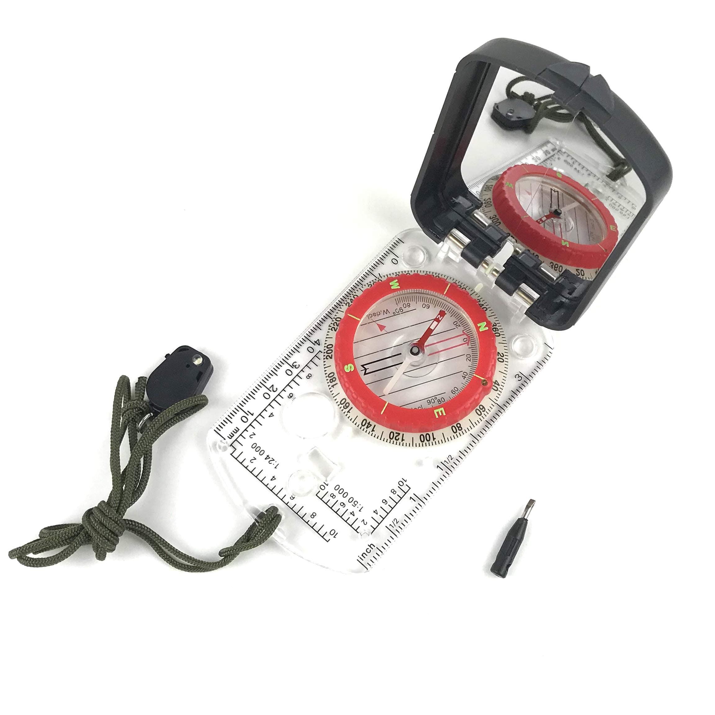 DETUCK(TM) Foldable Map Compass Mirror Compass | Professional Field Compass Adjustable Magnetic Declination | Glow in Dark Compass Lanyard with a LED Button Light