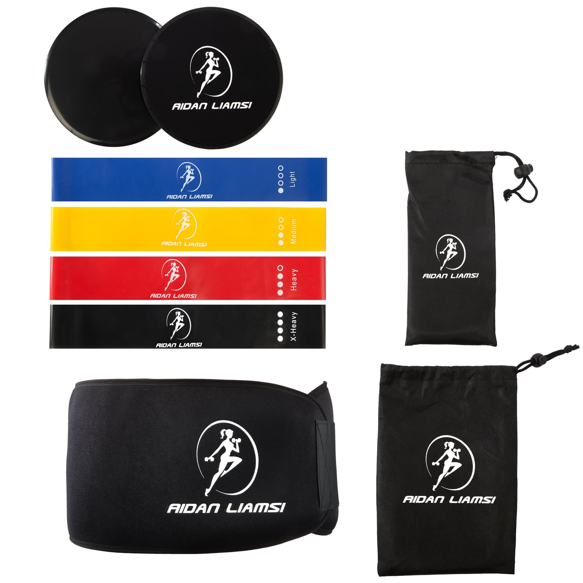 Aidan Liamsi [set of 4 Loop Resistance Bands with 4 Different Resistance Levels + Core Sliding Discs + Sweat Belt + Carry Case - Ideal for Home, Gym, Yoga Training - Full Body Workout