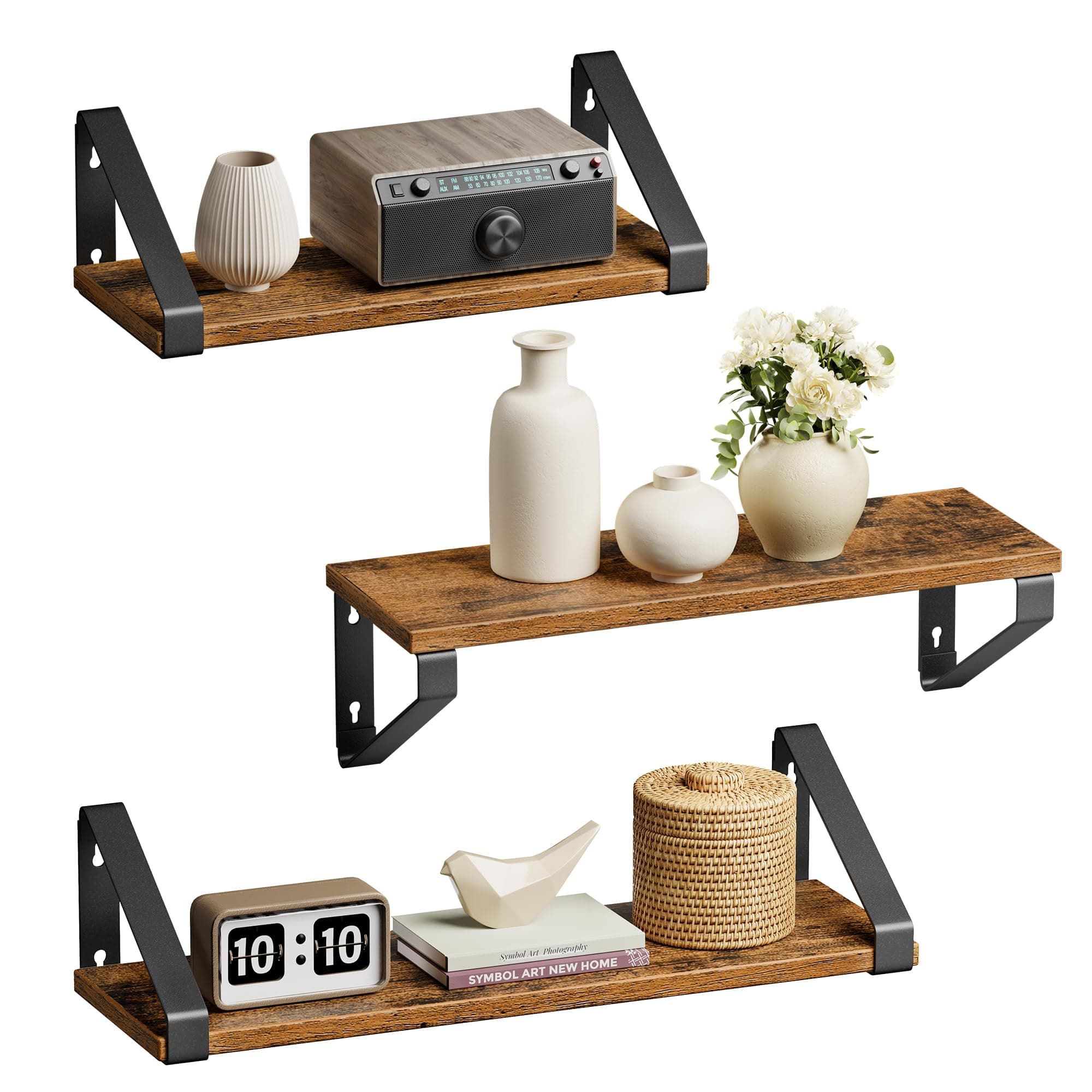 VASAGLE Wall Shelf Floating Shelf 2 Pack 2 Ways to Mount Hanging Storage Shelf for Living Room Kitchen Office Bathroom Rustic Brown and Black LWS33BX