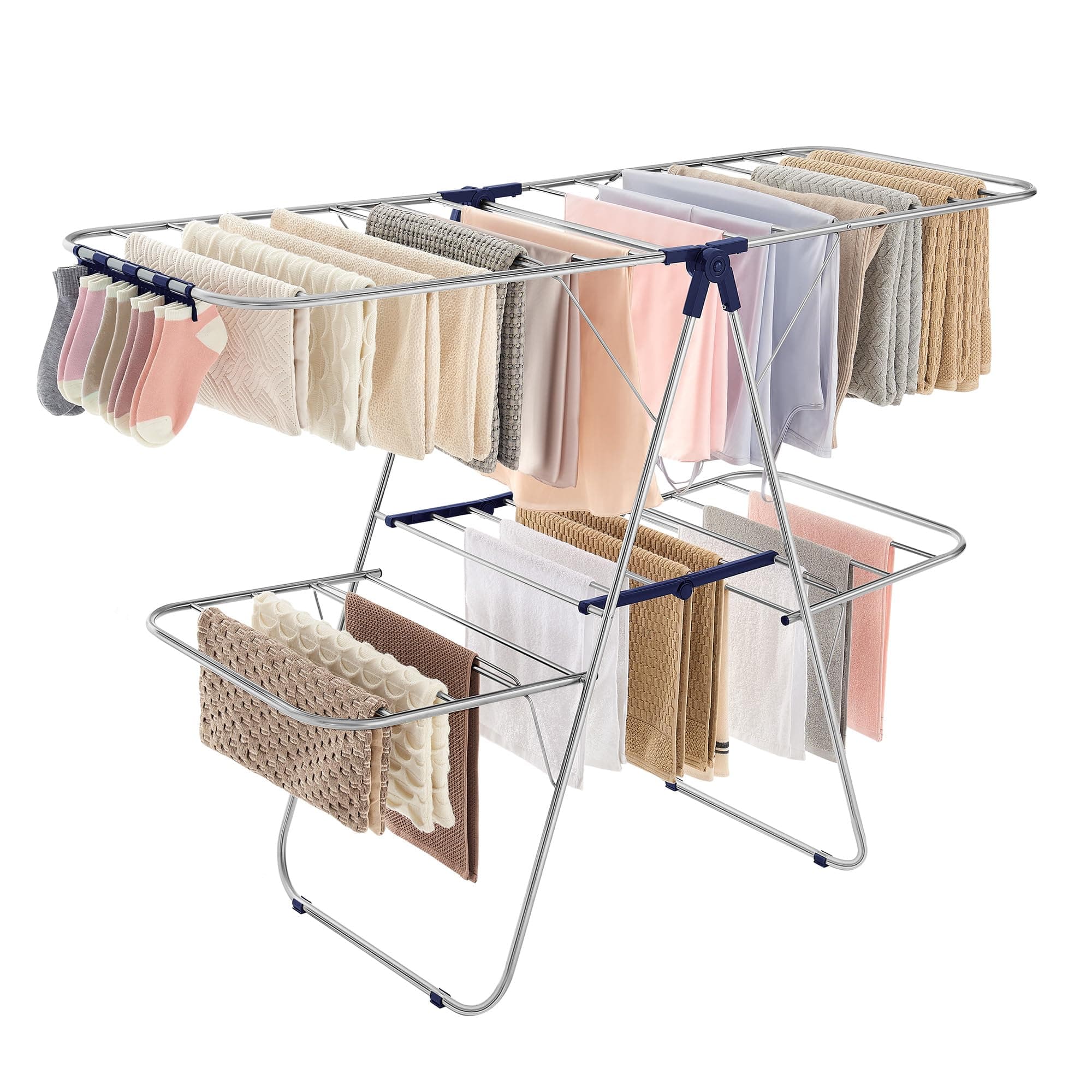 SONGMICS Clothes Drying Rack, Foldable 2-Level Laundry Drying Rack, Free-Standing Large Drying Rack, with Height-Adjustable Wings, 33 Drying Rails, Sock Clips, Silver and Blue ULLR53BU