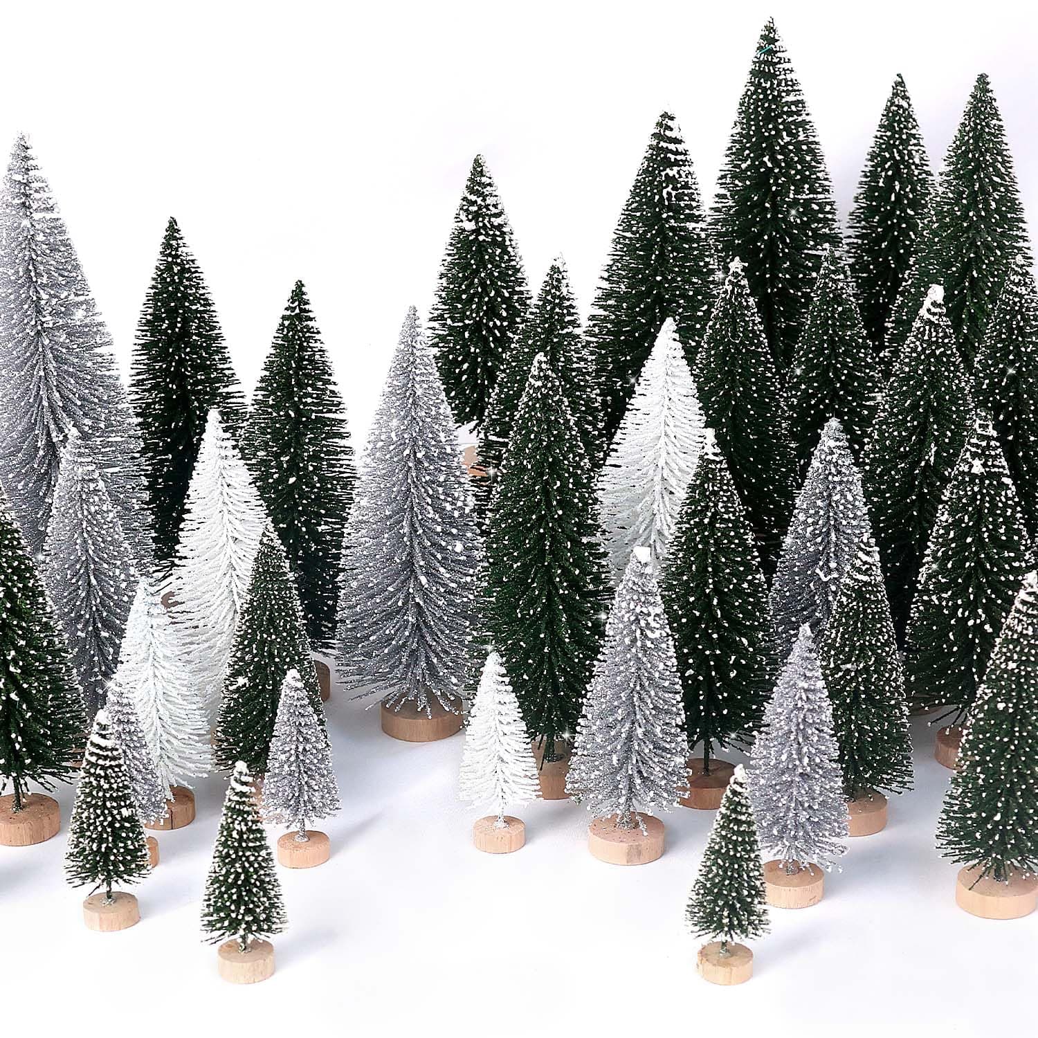 30Pcs Mini Christmas Trees Artificial Christmas Tree Bottle Brush Trees with Wooden Base for Christmas Decor Party Home Table Craft Decorations(Green+Silver+White)
