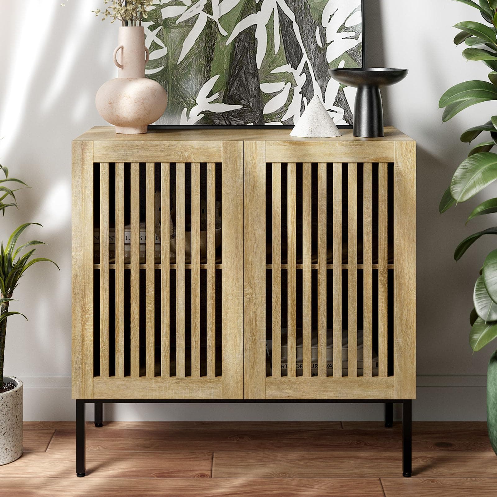 Sideboard with Storage, 80cm Farmhouse Console Table with Metal Base and Adjustable Shelf, Coffee Sideboard Furniture with 2 Doors for Kitchen, Dining Room, Living Room, Oak