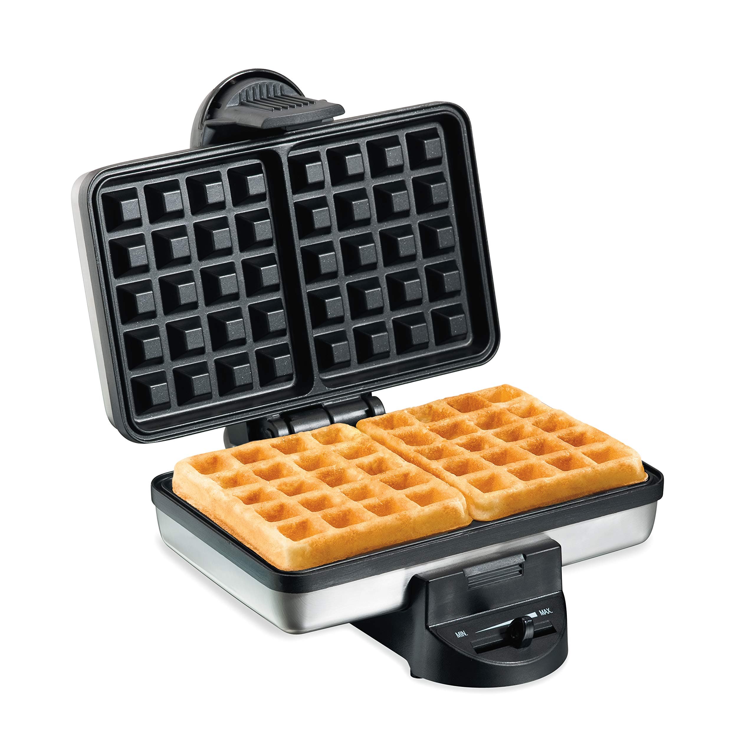 Hamilton Beach Belgian Mini Waffle Maker with Shade Control, Makes 2 at Once, Create Personalized Keto Chaffles and Hash Browns, PFAS-Free Non-Stick Plates, Compact Design, Stainless Steel (26009)
