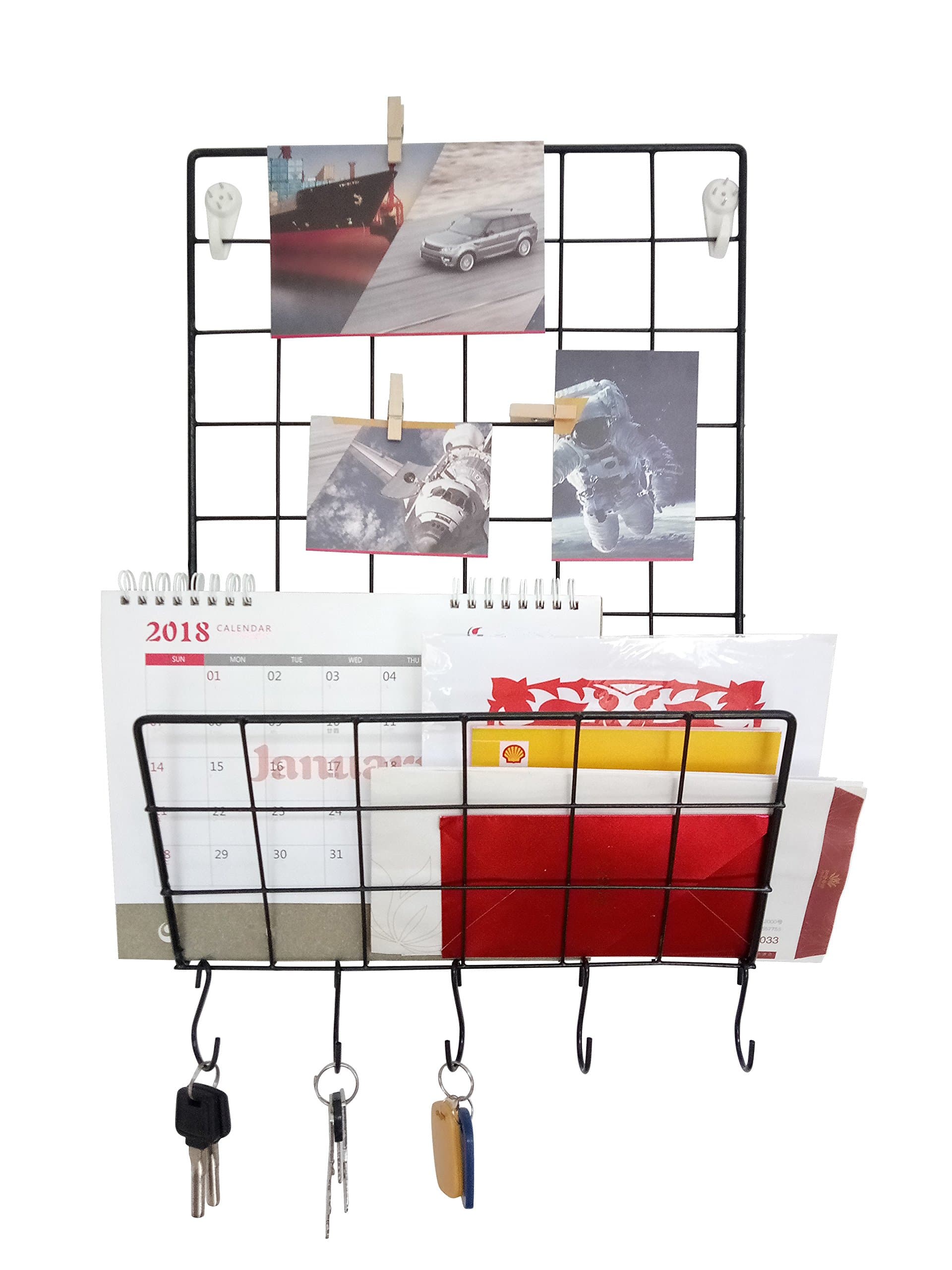 Wall Mount Hanging Entryway Desk Organizer Display Shelf Rack as File Key Phone Sunglasses Umbrella Holder w/ Picture Photo Frame Art Memo Clips & Key Rack Hooks (white)