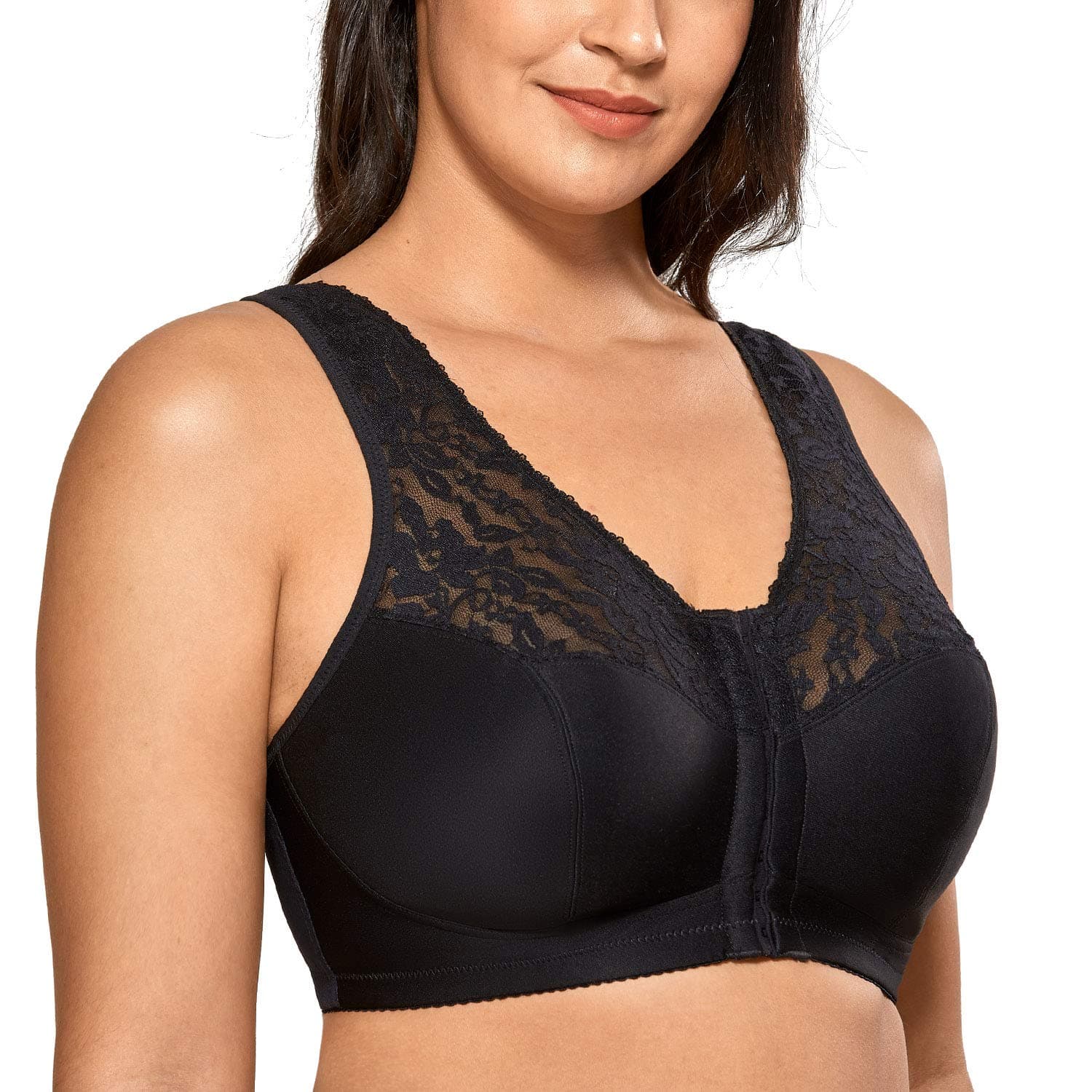 DelimiraWomen's Front Fastening Bras Lace Wireless Plus Size Full Coverage Racerback Support Bra