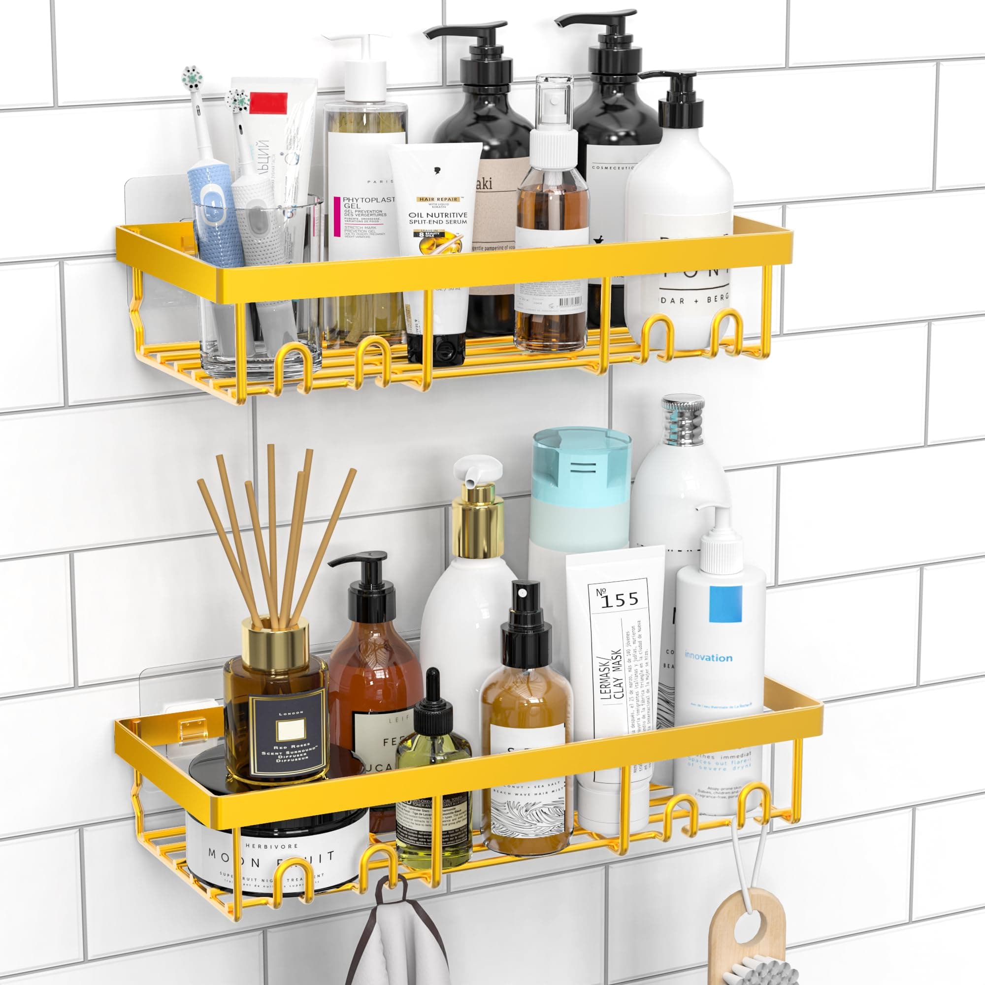 Moforoco Shower Caddy Shelf Organizer Rack, Self Adhesive Black Bathroom Shelves Basket, Home Farmhouse Wall Inside Organization and Storage Decor Rv Accessories, First Camper Apartment Essentials