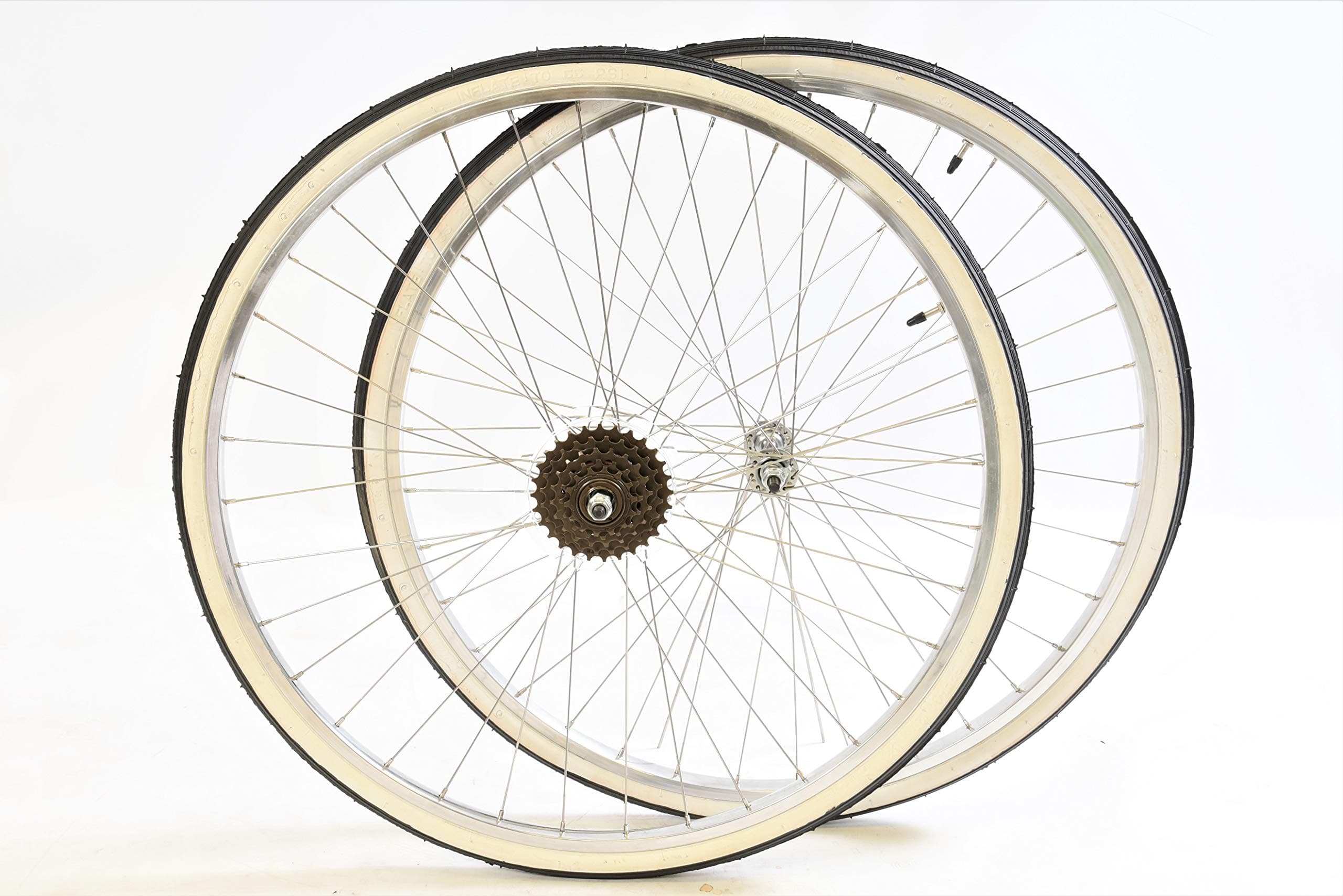 COMPLETE WHEEL SET 50’s,60’s,70’s,80’s RACING BIKE 27 x 1¼” 5 SPEED + WHITEWALLTYRES,TUBES & FREEWHEEL 93/125mm NARROW HUBS,ALLOY CHROME LOOK RIMS