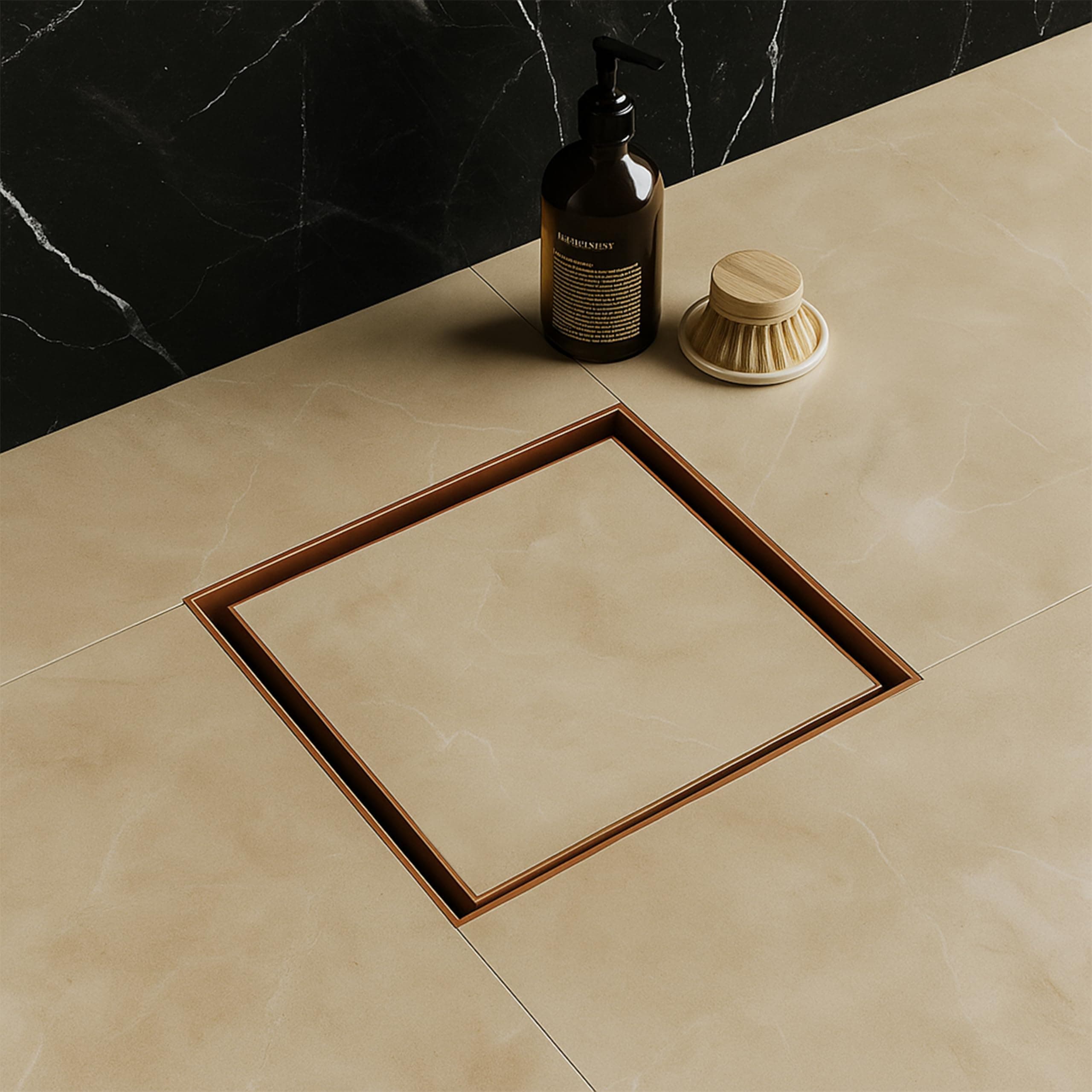 Ruhe® Tile Insert Floor Drain | 6 x 6 Inches | Rose Gold/Antique Copper PVD Finish | 304 Stainless Steel with PVD Coating | Drain Channel with Cockroach Trap