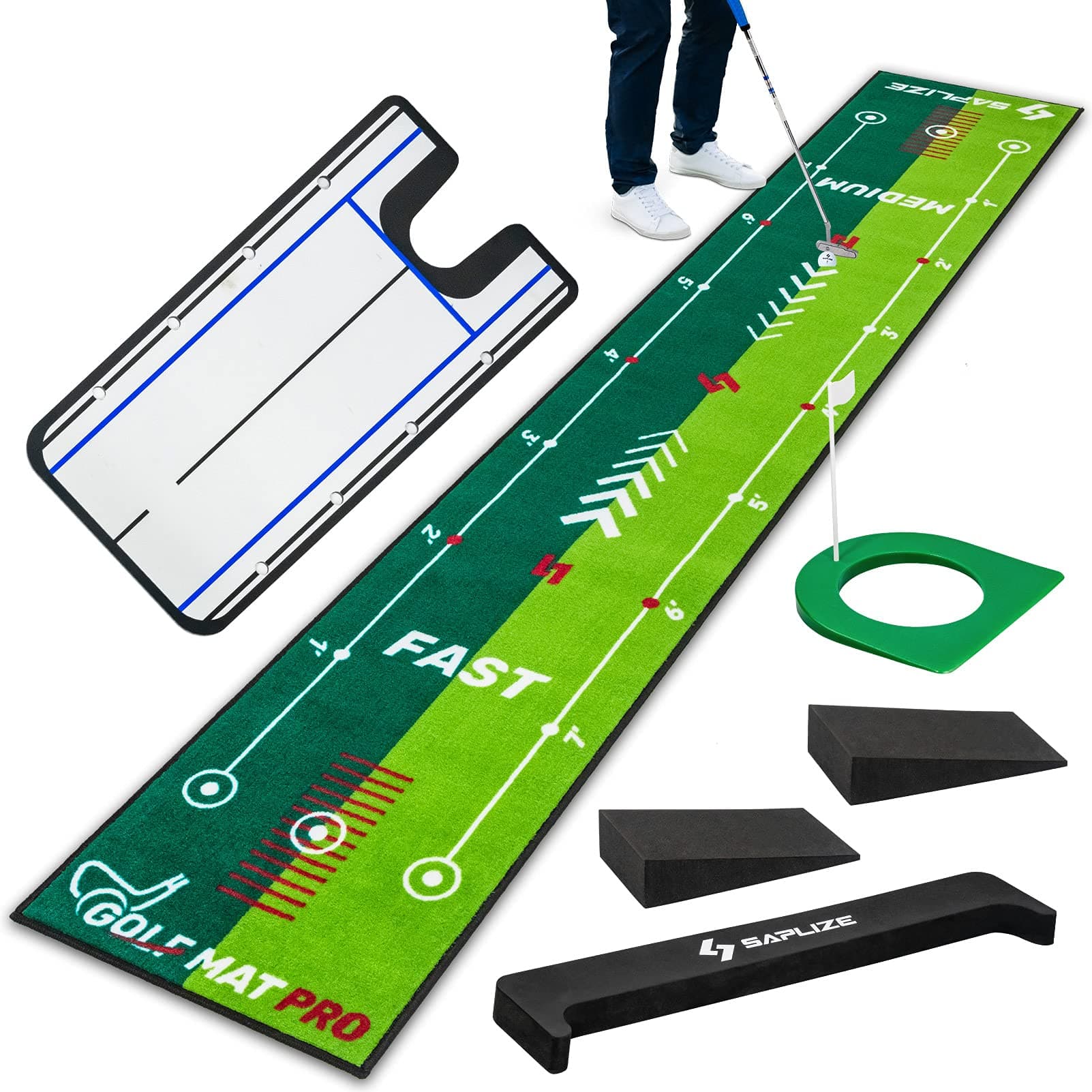 SAPLIZEGolf Putting Mat, Bundle A Options (Trajectory Tracing, with Multiple Training Modes) or Bundle B (Two Speeds), Putting Green Matt for Indoor/Outdoor Use