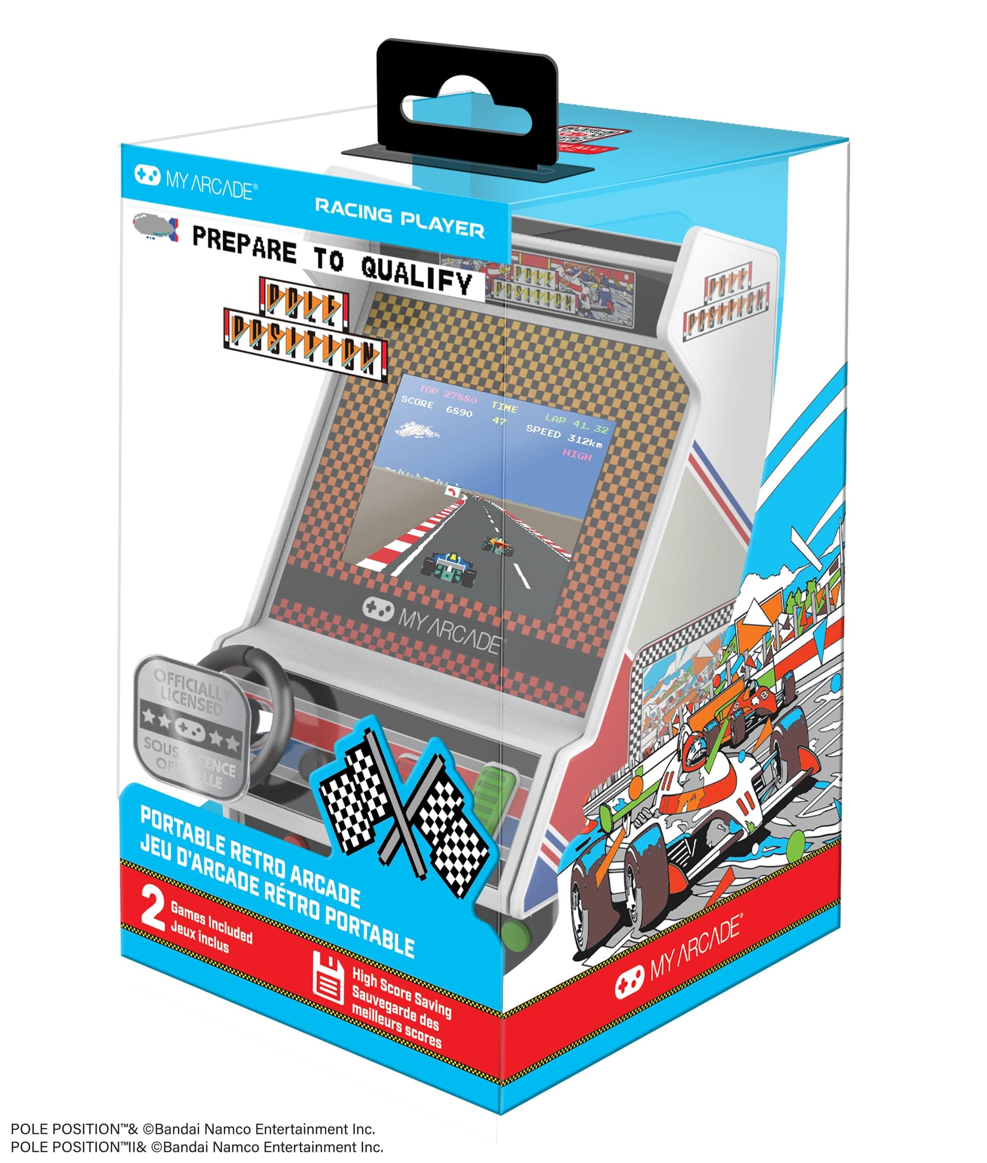 Pole Position Racing Player: Retro Mini Arcade Game Console with 2 Games, Real Racing Controls Full Color Screen