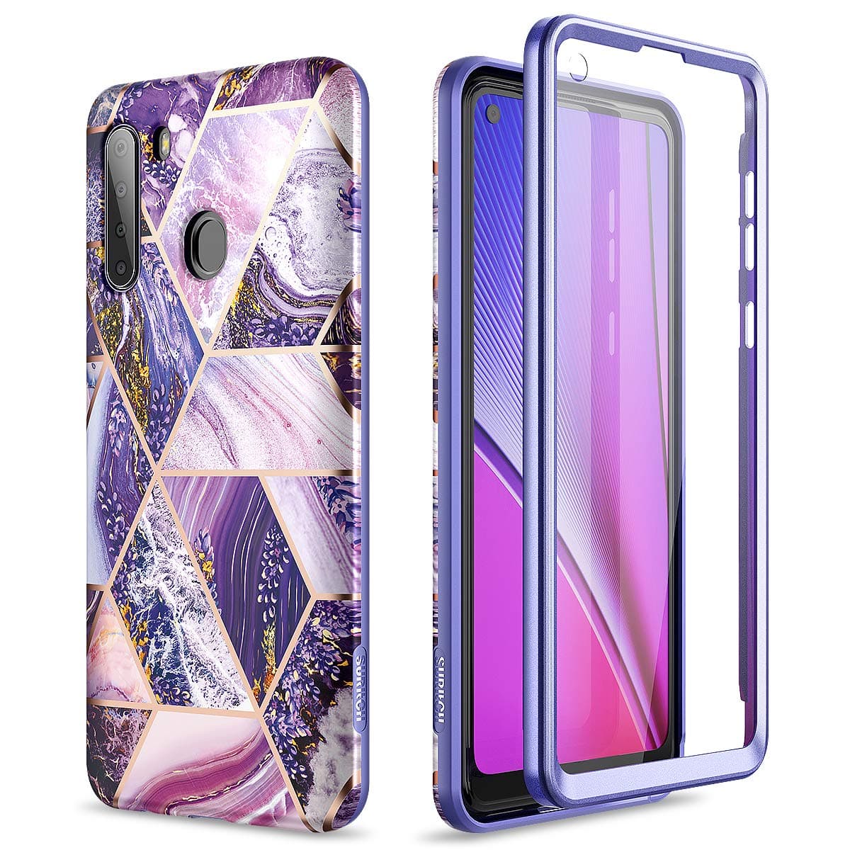 SURITCH for Samsung Galaxy A21 Case, Built-in Screen Protector Full-Body Protection Shockproof Rugged Bumper Protective for Girl Women Cute A21 6.5inch, Lavender Marble
