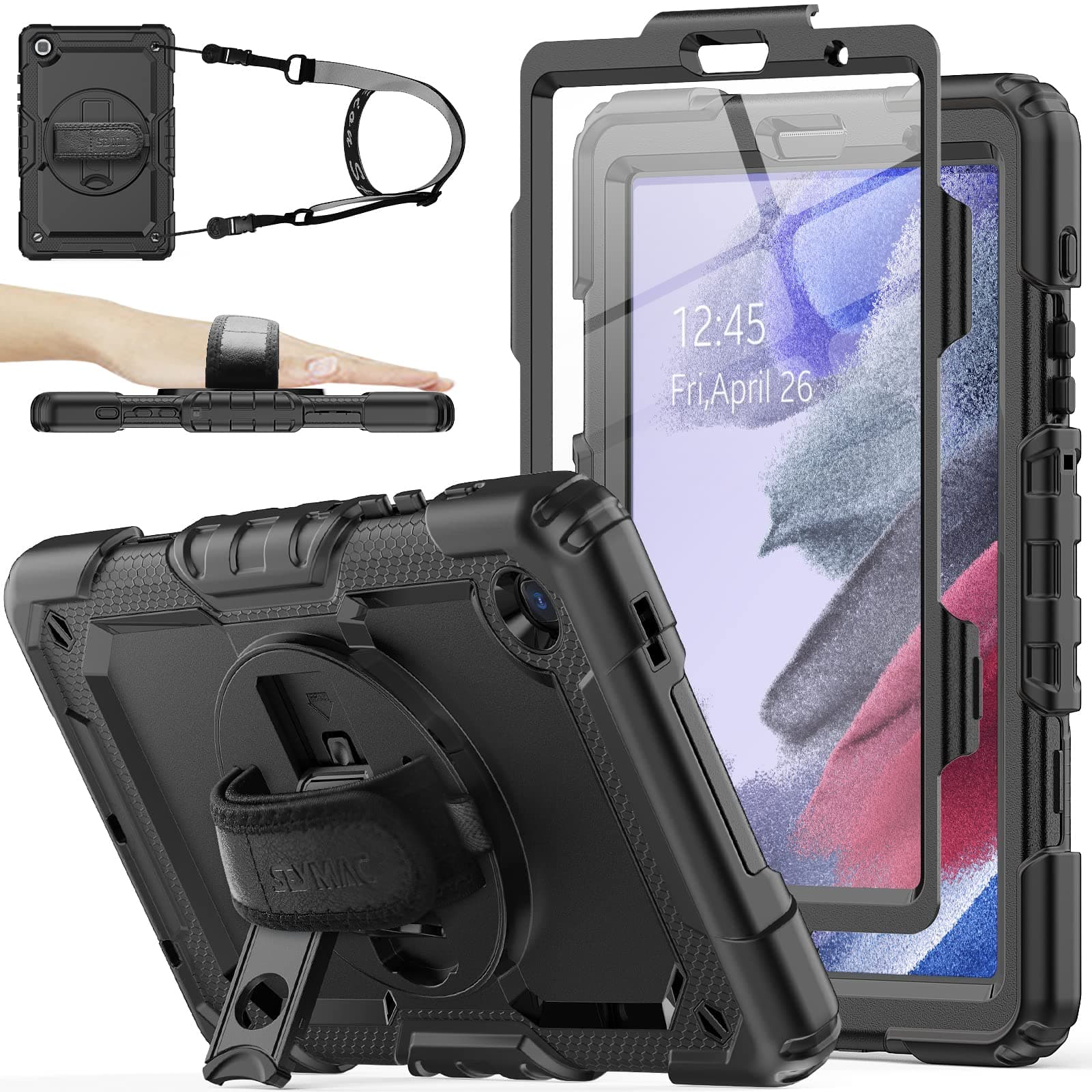 SEYMAC stock Case for Samsung Galaxy Tab A7 Lite 8.7 with Screen Protector [360 Rotating Stand]Hand Shoulder Strap Protective Case for Galaxy Tab A7 Lite 8.7'' 2021 (SM-T220/T225/T227), Black