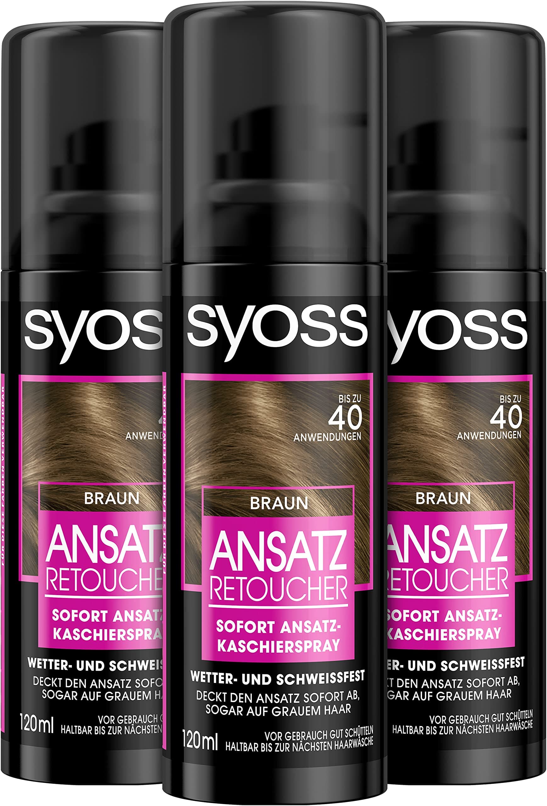 Syoss Root Retoucher Concealer Spray Brown Level 1 (3 x 120 ml), Renewable Roots, Covers Lighter and Grey, Lasts Until Next Hair Wash